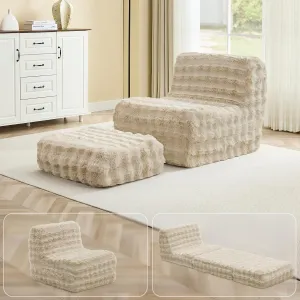 Giant Bean Bag Chair for Adults with Ottoman, Fur Faux Beanbag Sofa Bed with Memory Foam Filled,Plush Lazy Floor Sofa with Footstool Couch for Living Room,Bedroom,Dorm, Apartment,Beige