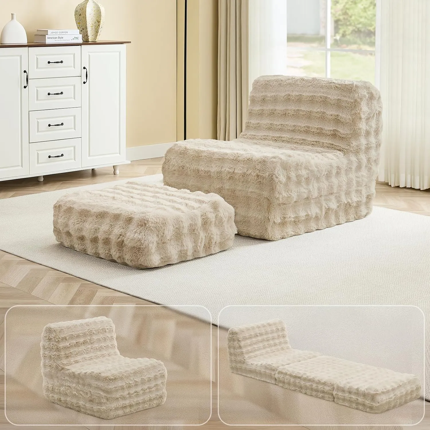 Giant Bean Bag Chair for Adults with Ottoman, Fur Faux Beanbag Sofa Bed with Memory Foam Filled,Plush Lazy Floor Sofa with Footstool Couch for Living Room,Bedroom,Dorm, Apartment,Beige