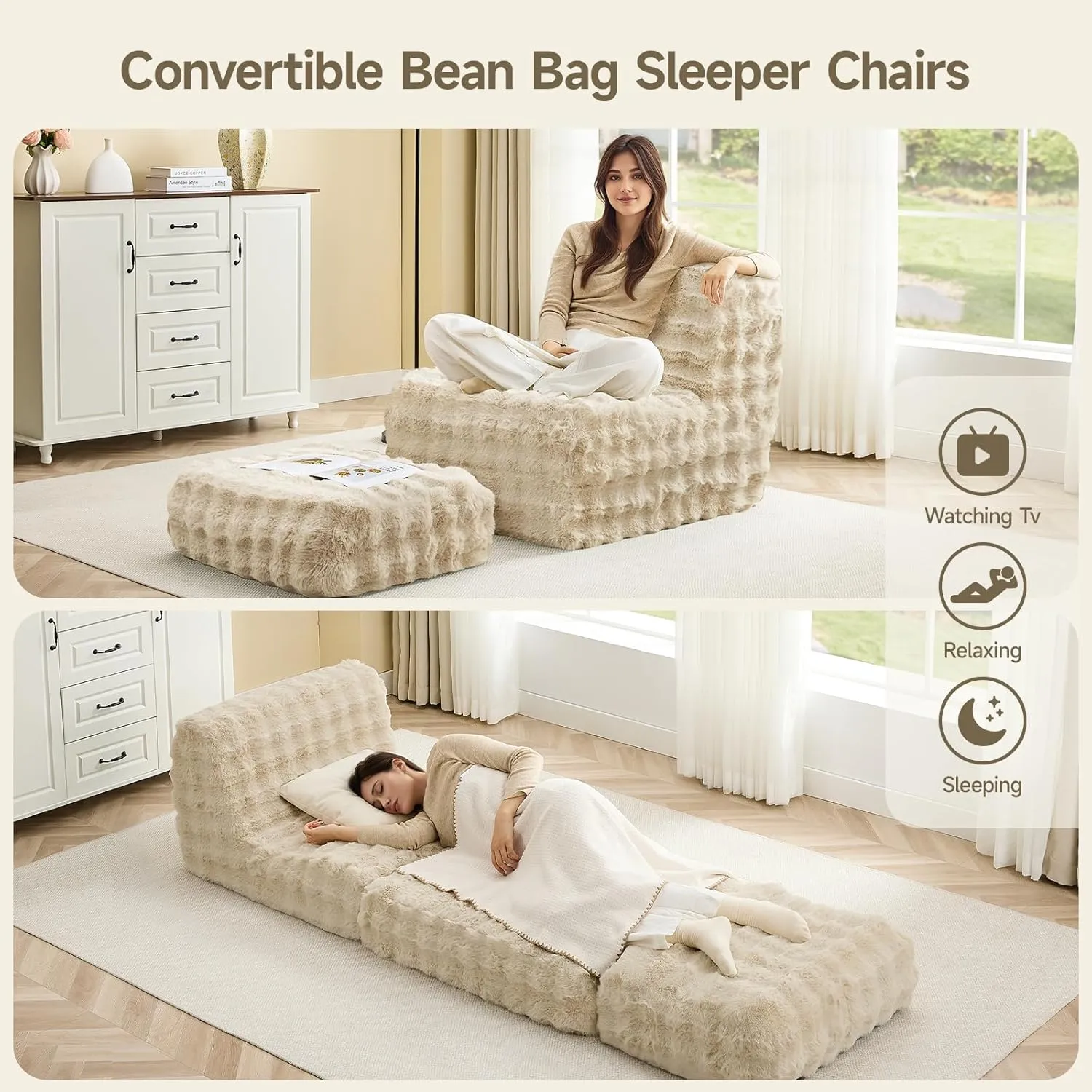 Giant Bean Bag Chair for Adults with Ottoman, Fur Faux Beanbag Sofa Bed with Memory Foam Filled,Plush Lazy Floor Sofa with Footstool Couch for Living Room,Bedroom,Dorm, Apartment,Beige