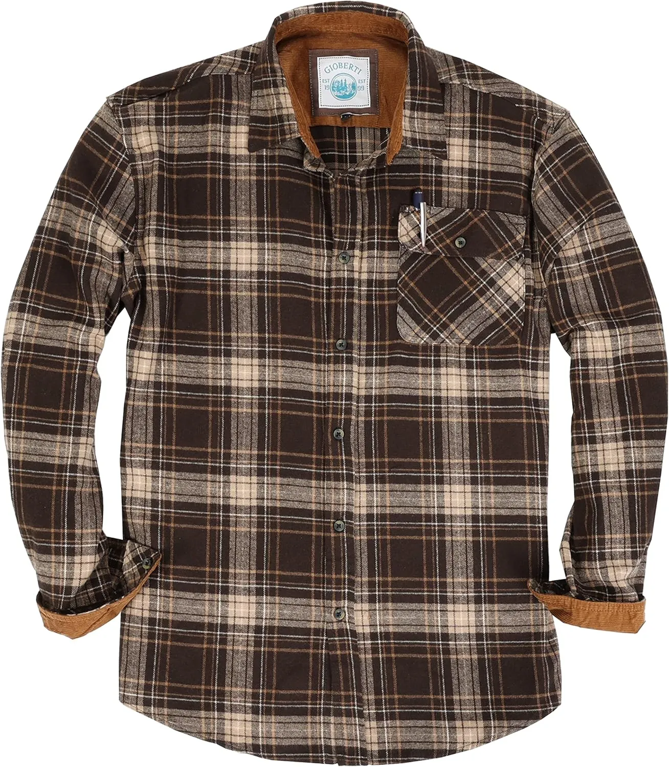 Gioberti Men's Brushed Flannel 100% Cotton Plaid Checkered Shirt with Corduroy Contrast