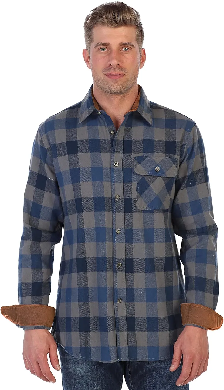 Gioberti Men's Brushed Flannel 100% Cotton Plaid Checkered Shirt with Corduroy Contrast
