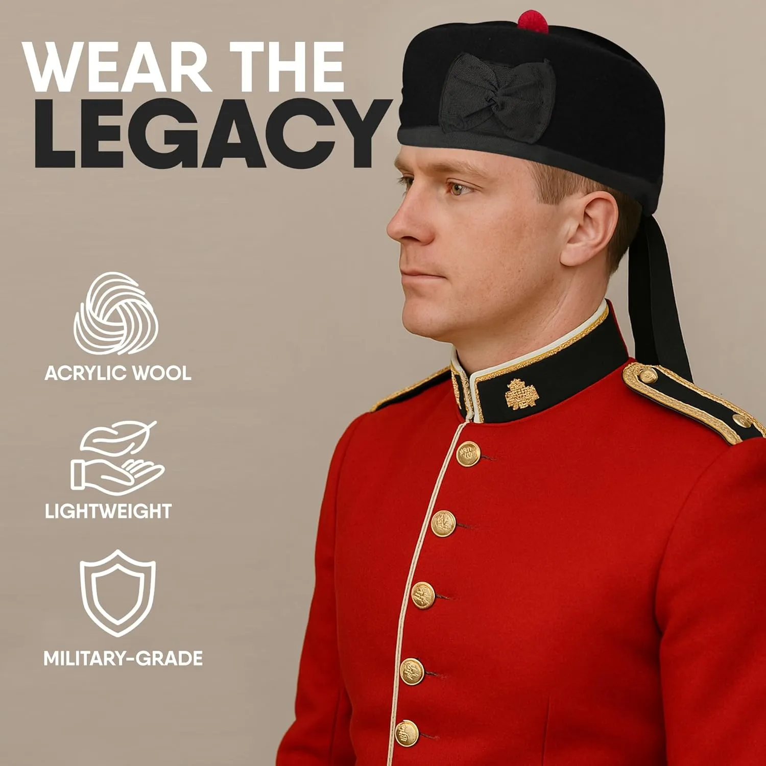 Glengarry HAT Pure Wool Cap with POM POM Soft Cotton Lining Comfortable FIT Kilt Accessories – Military Cap Highland WEAR