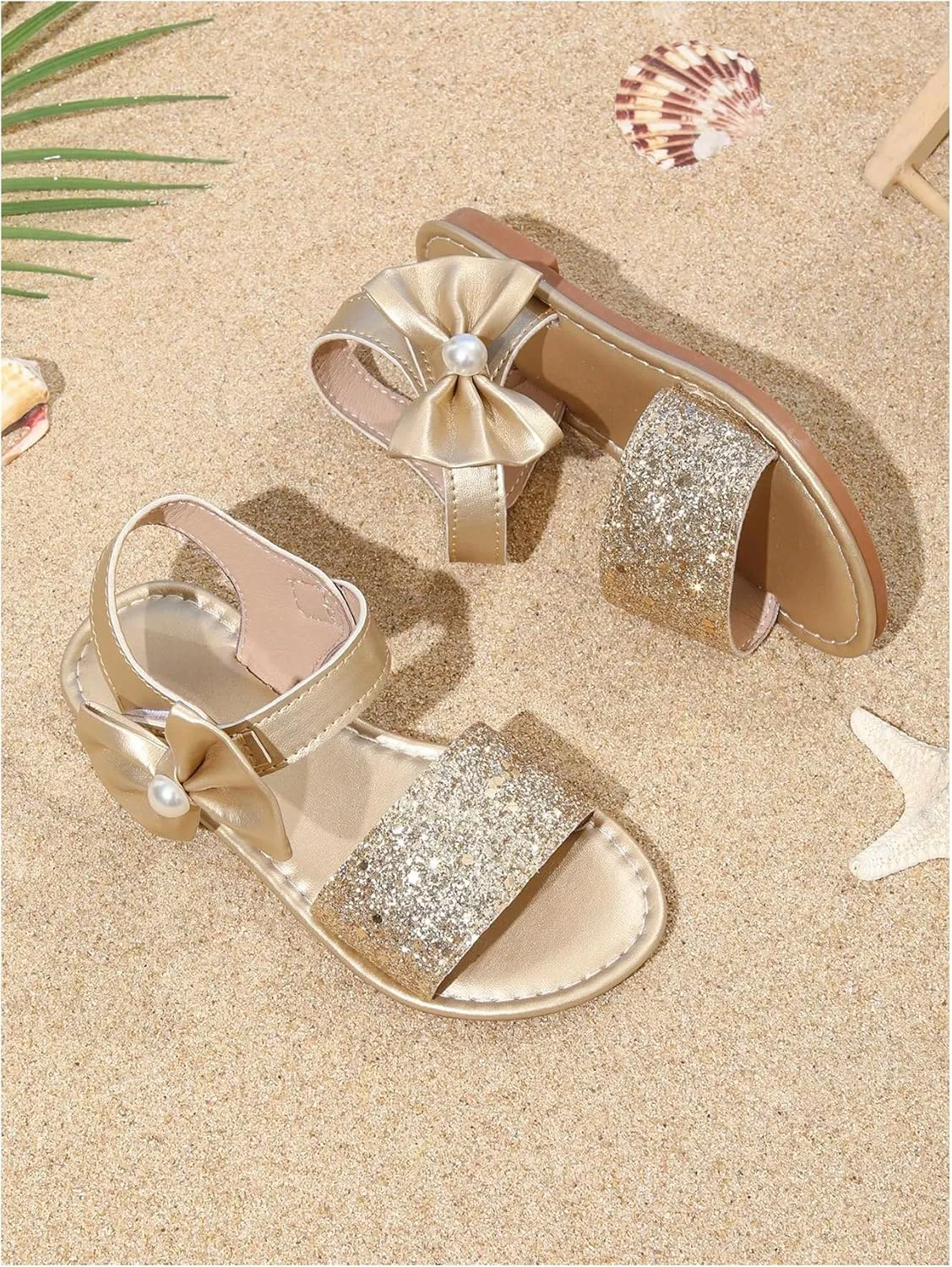 GORGLITTER Girl's Bow Flat Sandals Sequin Sparkly Metallic Open Toe Ankle Strap Vacation Summer Slides Shoes