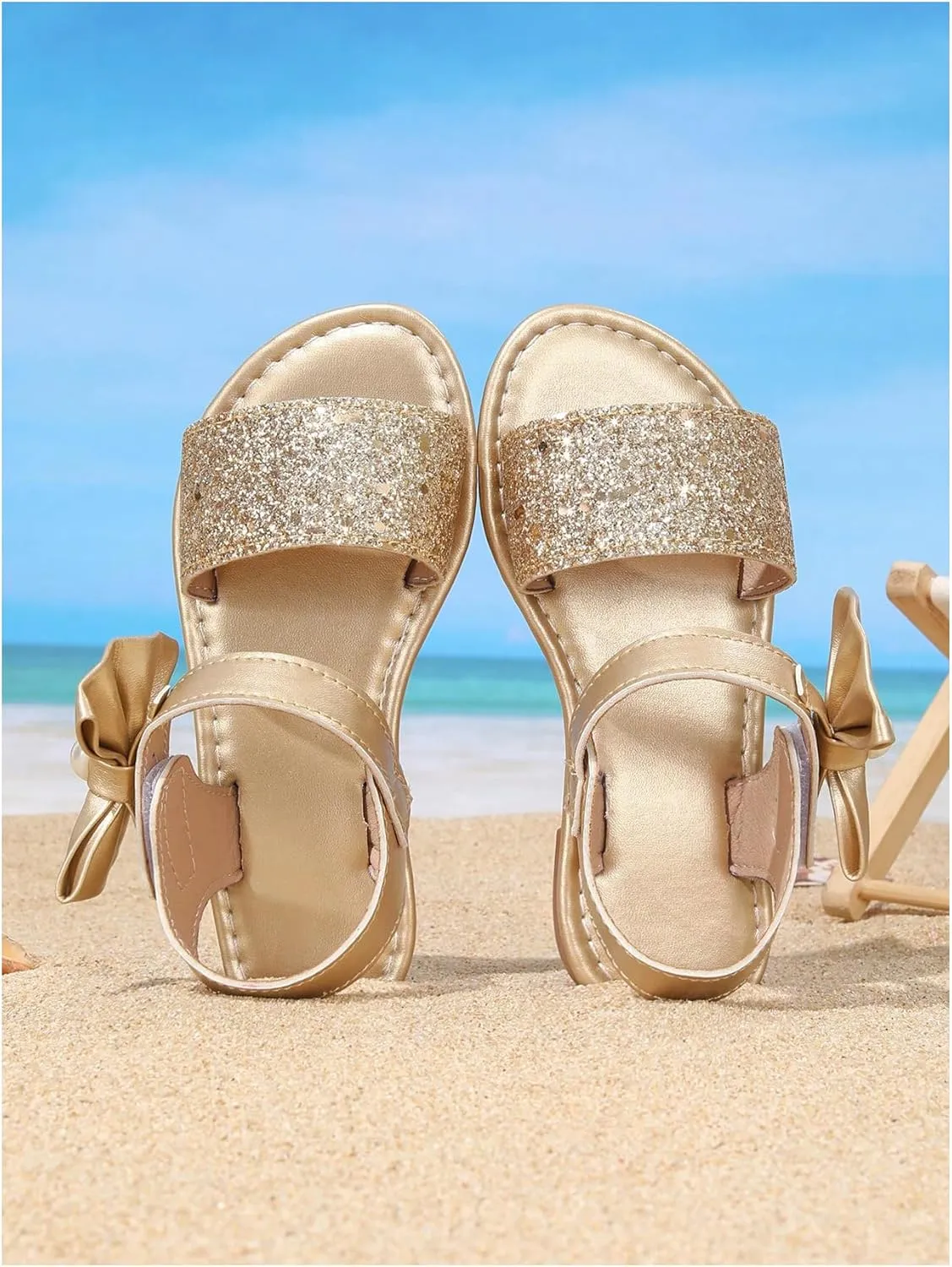 GORGLITTER Girl's Bow Flat Sandals Sequin Sparkly Metallic Open Toe Ankle Strap Vacation Summer Slides Shoes