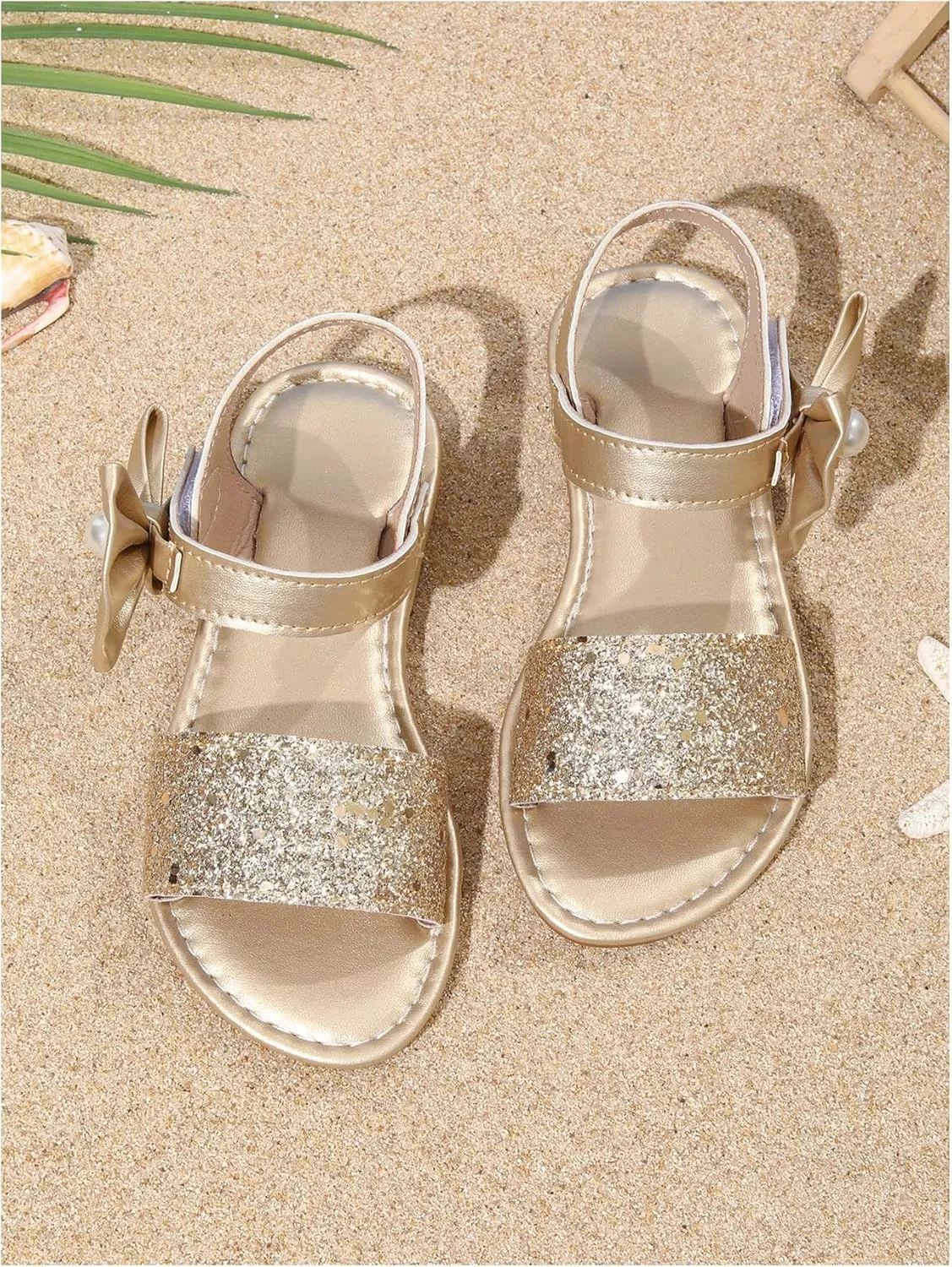 GORGLITTER Girl's Bow Flat Sandals Sequin Sparkly Metallic Open Toe Ankle Strap Vacation Summer Slides Shoes