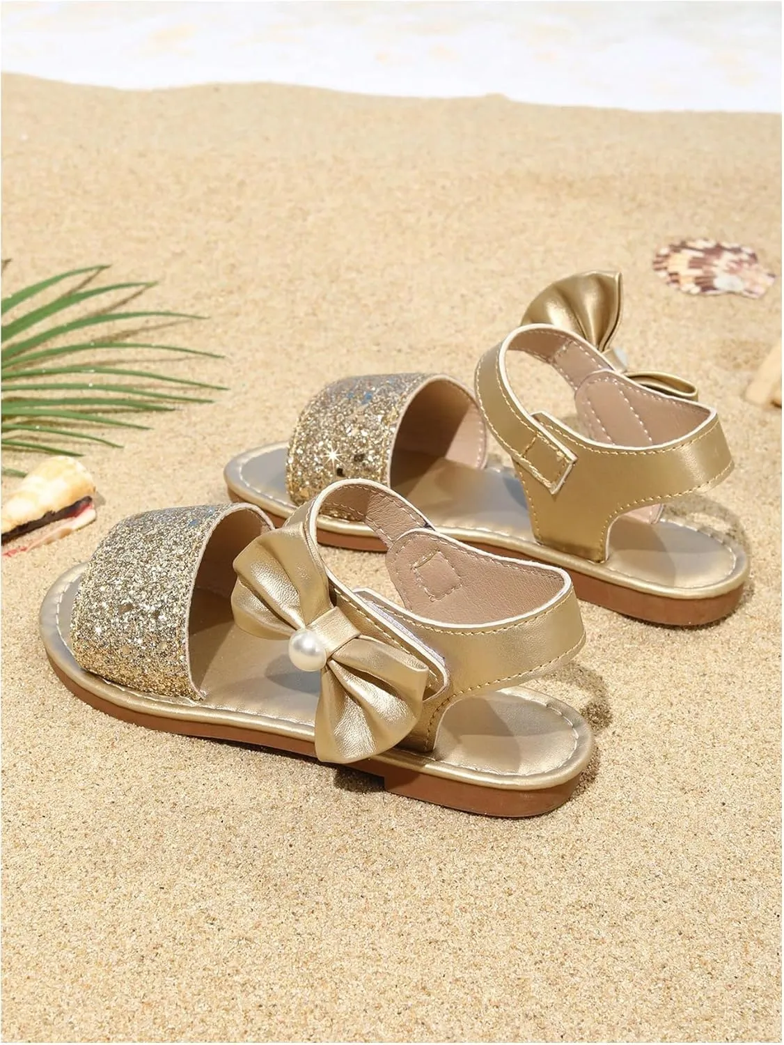GORGLITTER Girl's Bow Flat Sandals Sequin Sparkly Metallic Open Toe Ankle Strap Vacation Summer Slides Shoes