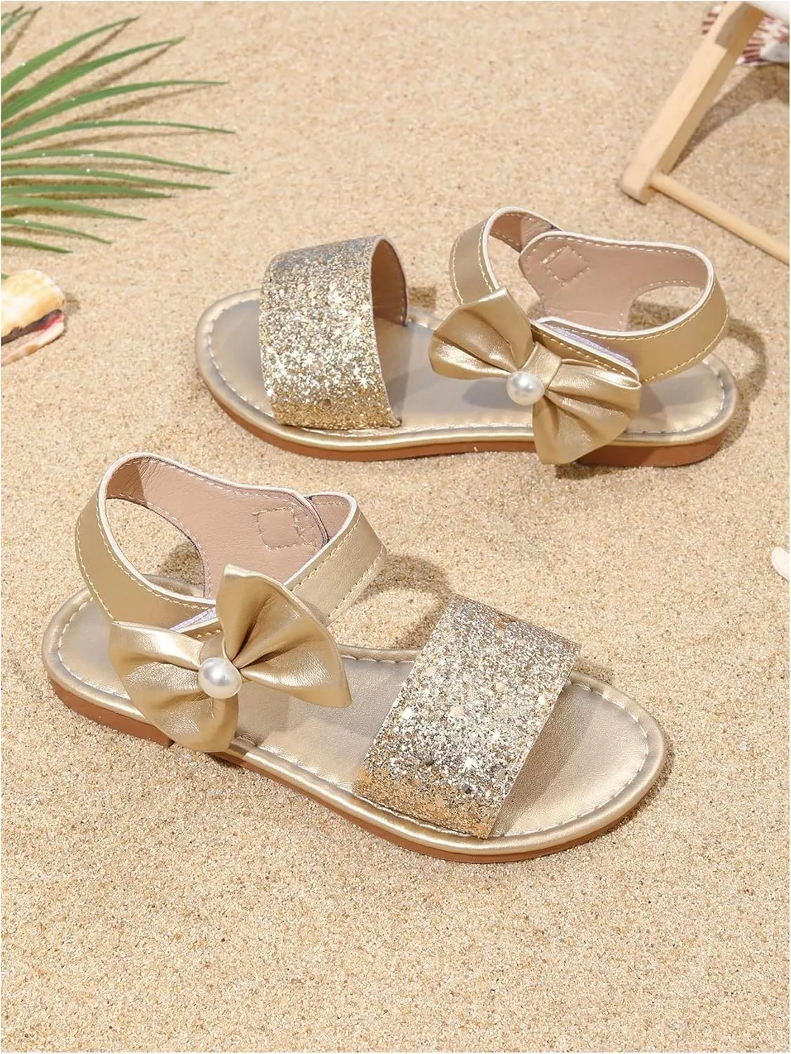 GORGLITTER Girl's Bow Flat Sandals Sequin Sparkly Metallic Open Toe Ankle Strap Vacation Summer Slides Shoes