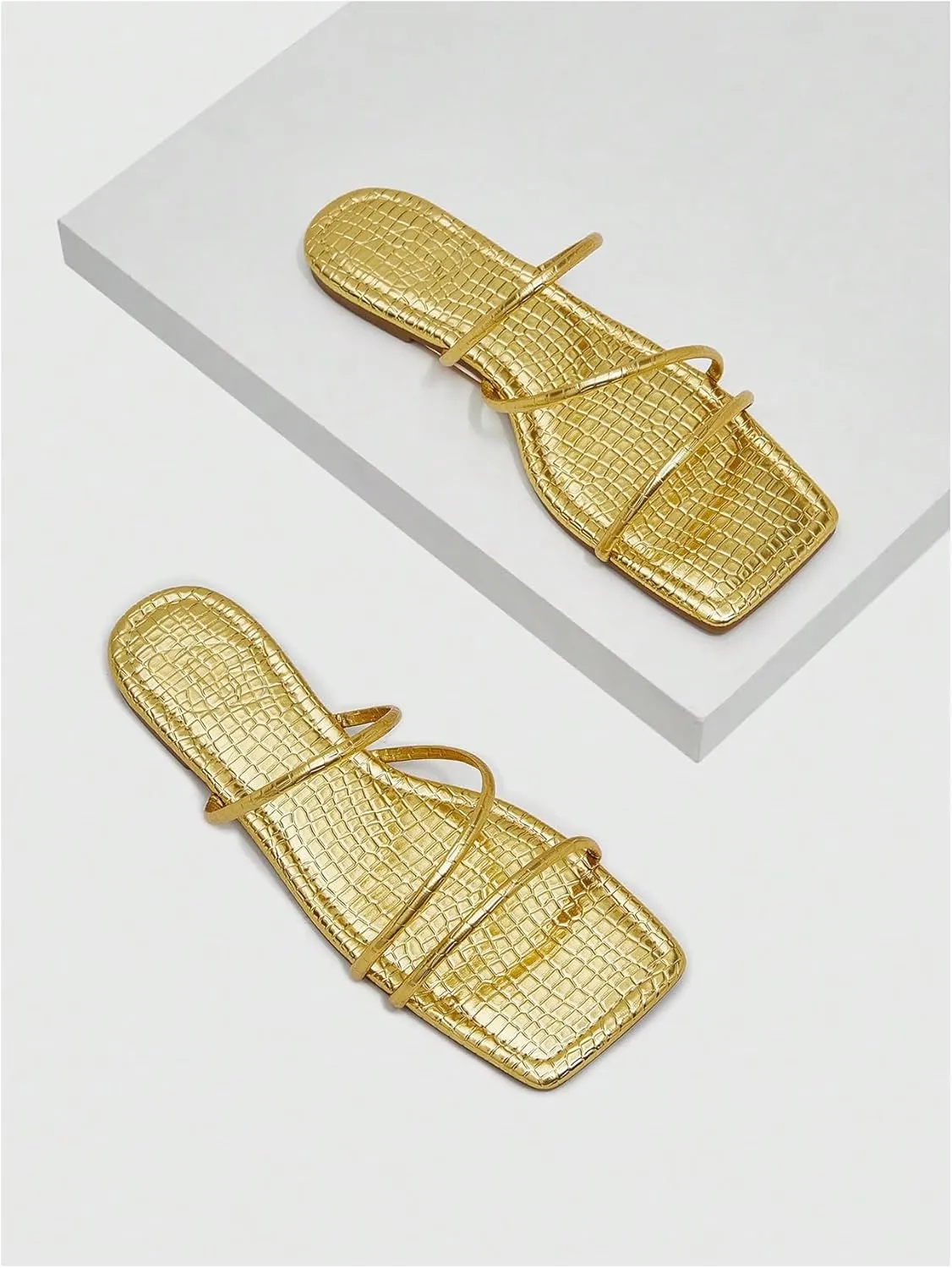 GORGLITTER Women's Strappy Flat Sandals Gold Metallic Crocodile Square Open Toe Dressy Summer Slide Sandals