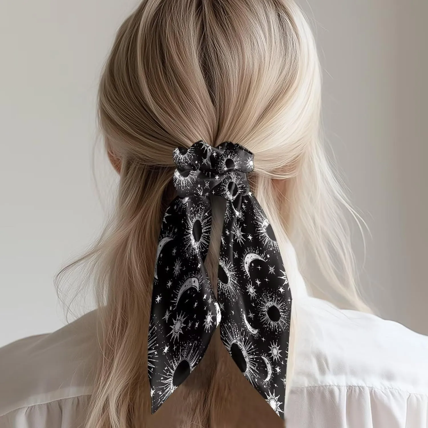 Gothic Moon Hair Scrunchies Satin Hair Tie Set of 2 Sun Hair Ribbon With Bow Knotted Bow Hair Ties for Women Elastic Hair Scarf for Curly Hair Ponytail Hair Accessories
