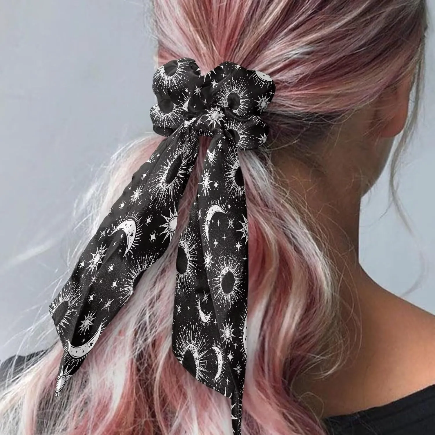 Gothic Moon Hair Scrunchies Satin Hair Tie Set of 2 Sun Hair Ribbon With Bow Knotted Bow Hair Ties for Women Elastic Hair Scarf for Curly Hair Ponytail Hair Accessories