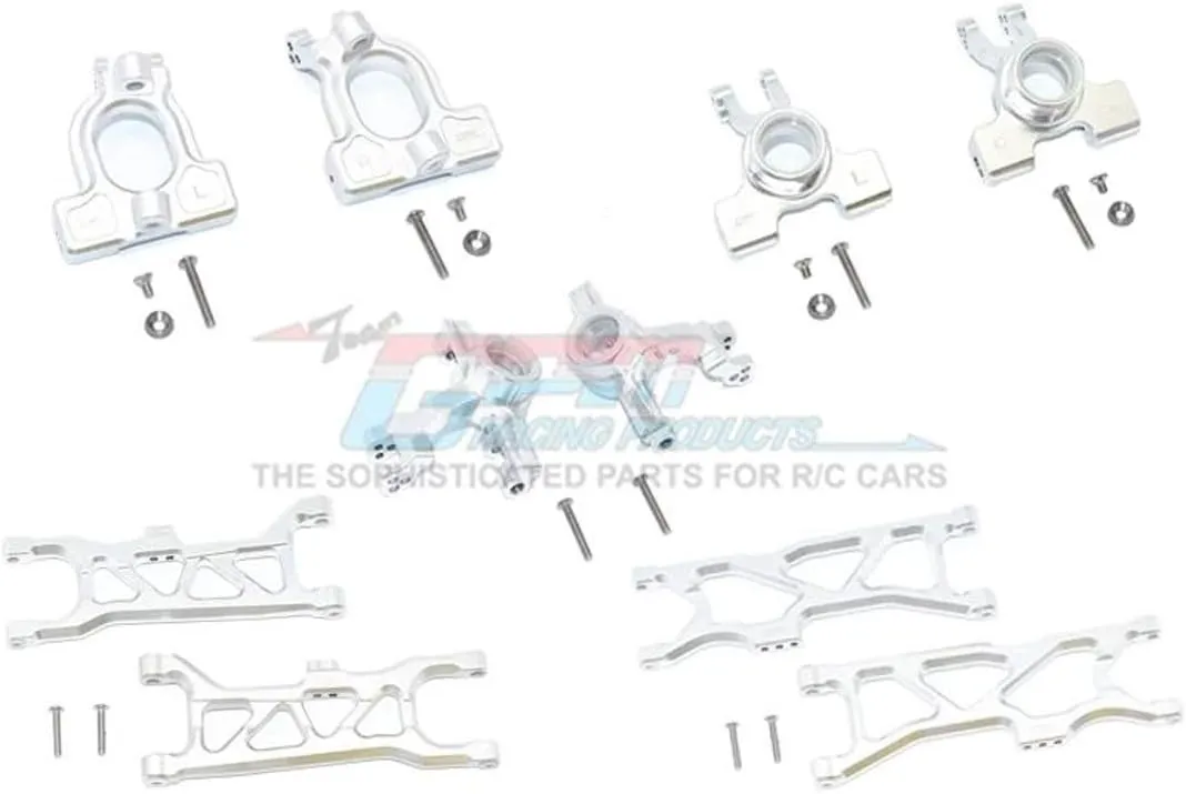GPM Aluminum Front C-Hubs, Front Rear Knuckle Arms Front &Rear Lower Arms -28Pc Set for ARRMA1/10 4Wd Kraton 4X4 4S Blx-Ara102690 (Silver)