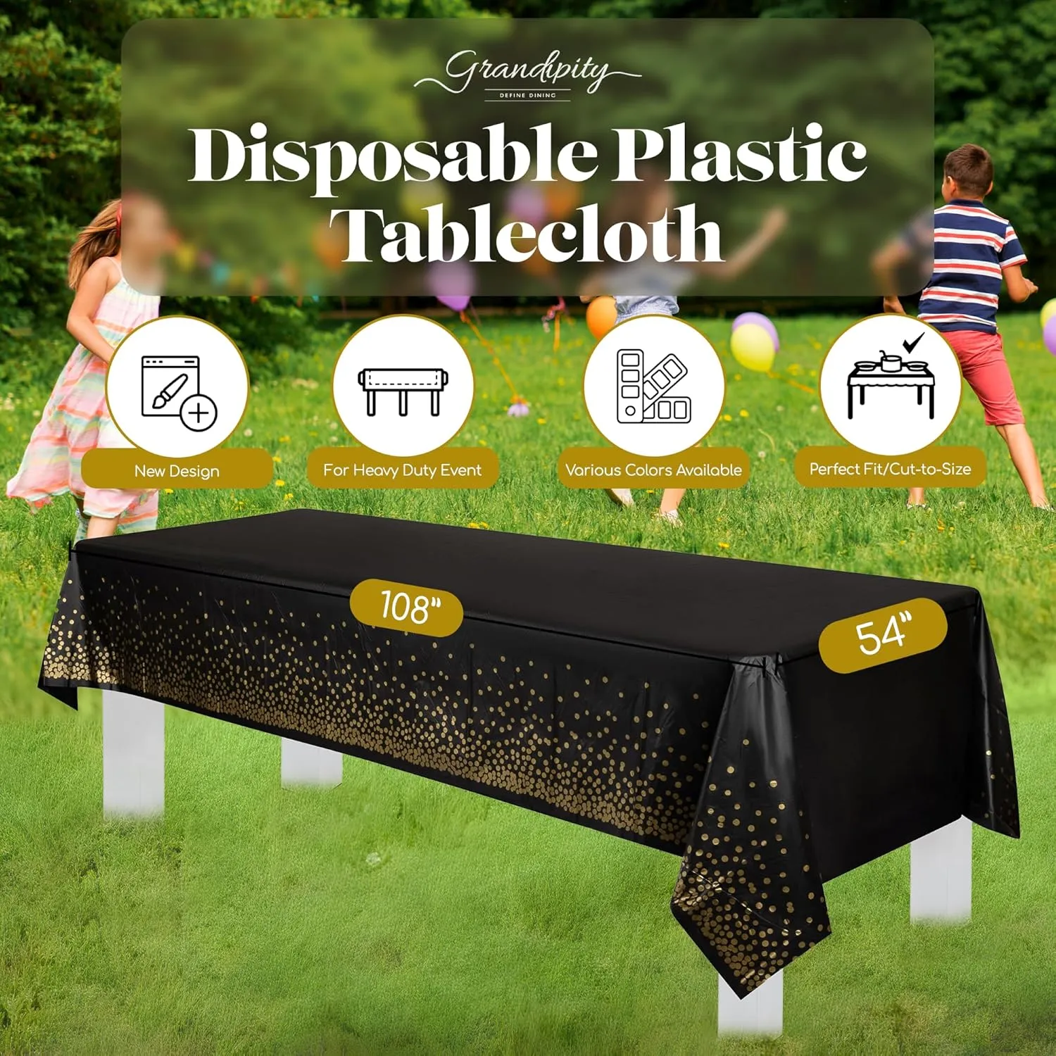 Grandipity Gold Dot on Black 12 Pack Premium Disposable Plastic Tablecloth 54 Inch x 108 Inch. Decorative Rectangle Table Cover