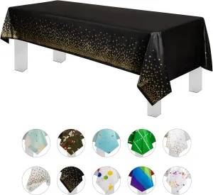 Grandipity Gold Dot on Black 12 Pack Premium Disposable Plastic Tablecloth 54 Inch x 108 Inch. Decorative Rectangle Table Cover