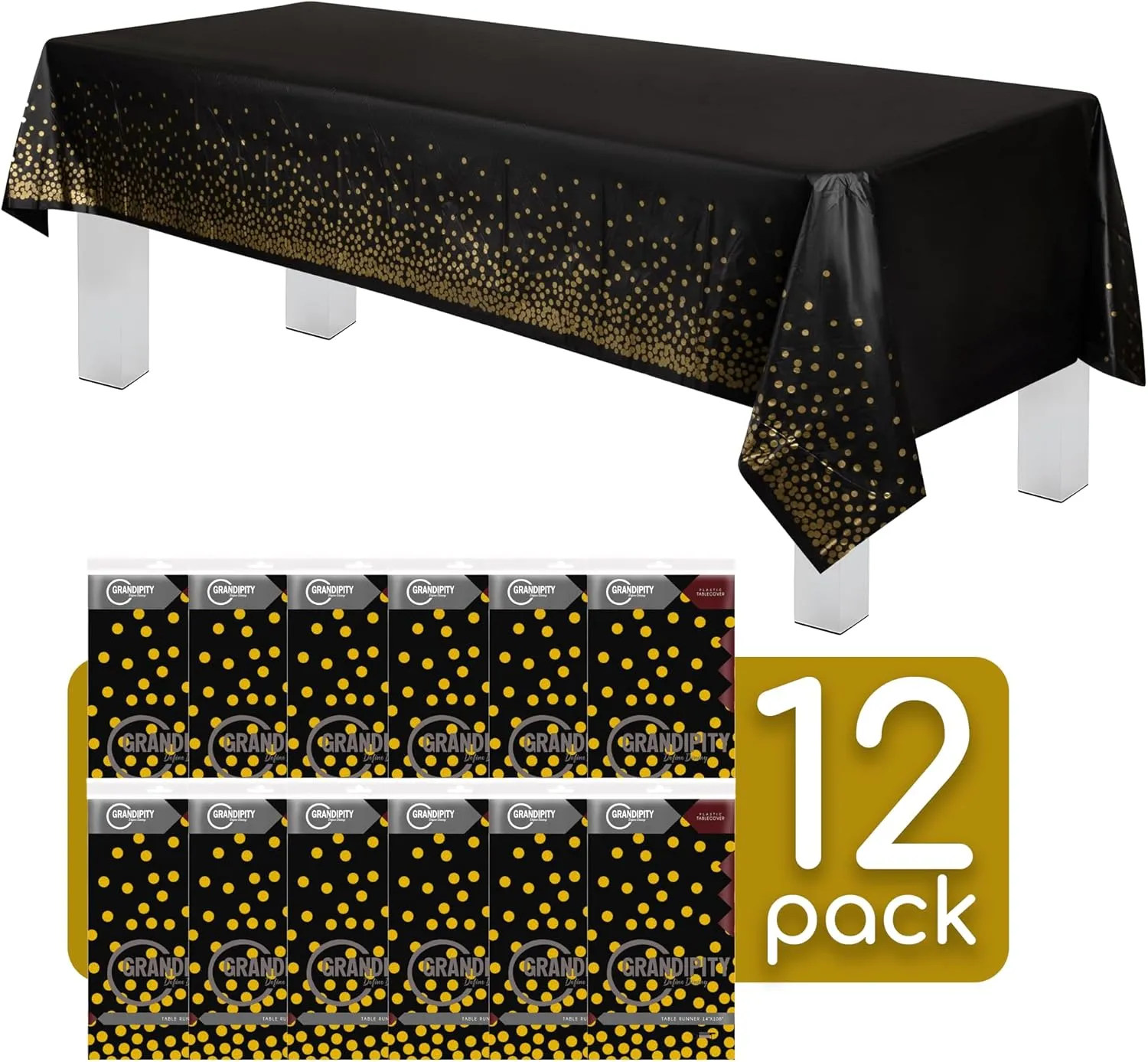 Grandipity Gold Dot on Black 12 Pack Premium Disposable Plastic Tablecloth 54 Inch x 108 Inch. Decorative Rectangle Table Cover