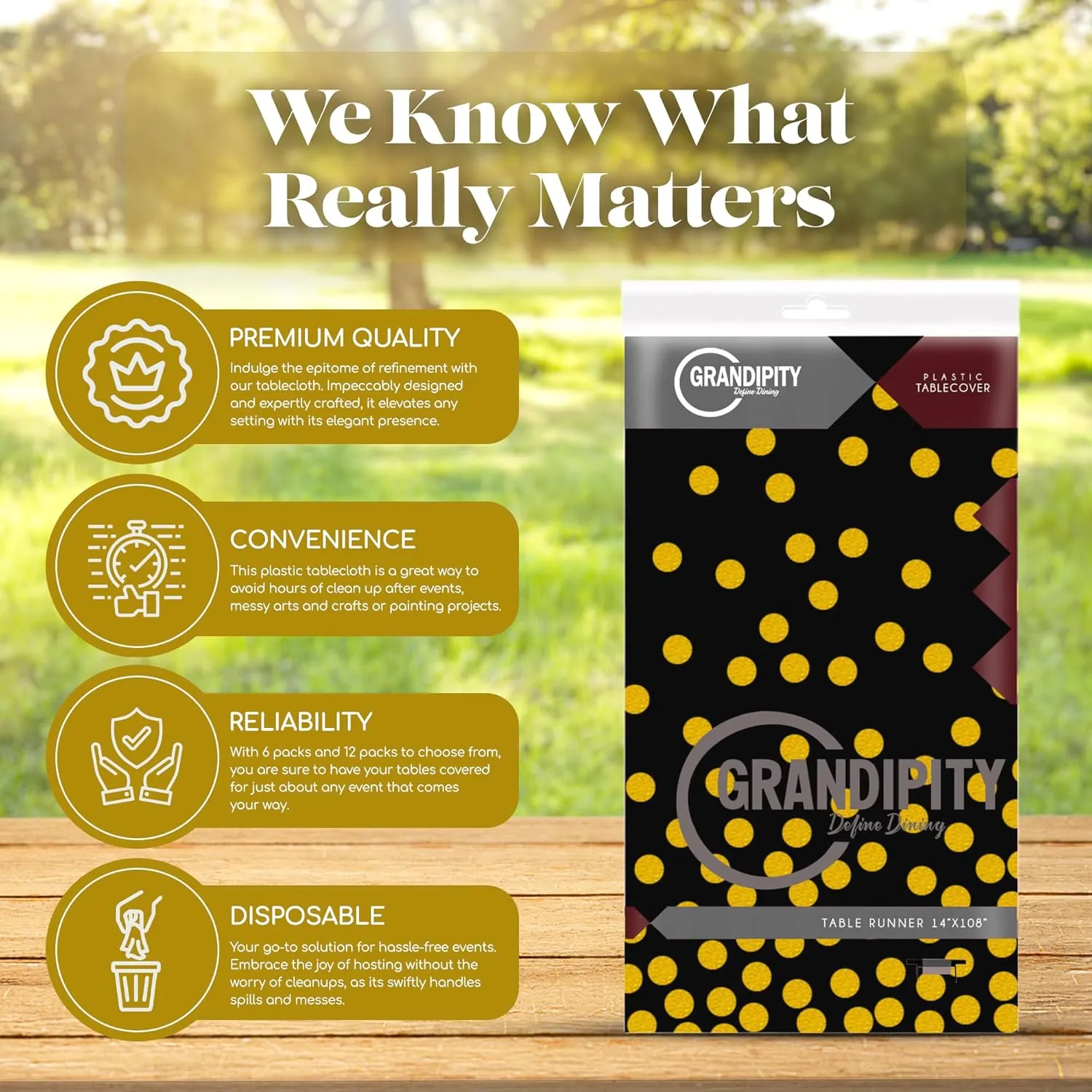 Grandipity Gold Dot on Black 12 Pack Premium Disposable Plastic Tablecloth 54 Inch x 108 Inch. Decorative Rectangle Table Cover