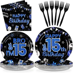 Grencian 96Pcs 15th Birthday Party Decorations for Boys Blue and Black 15th Birthday Plates Disposable Official Teen 15 Tableware for Teen Boys I’m 15 Bro 15 Years Old Party Supplies Serves 24