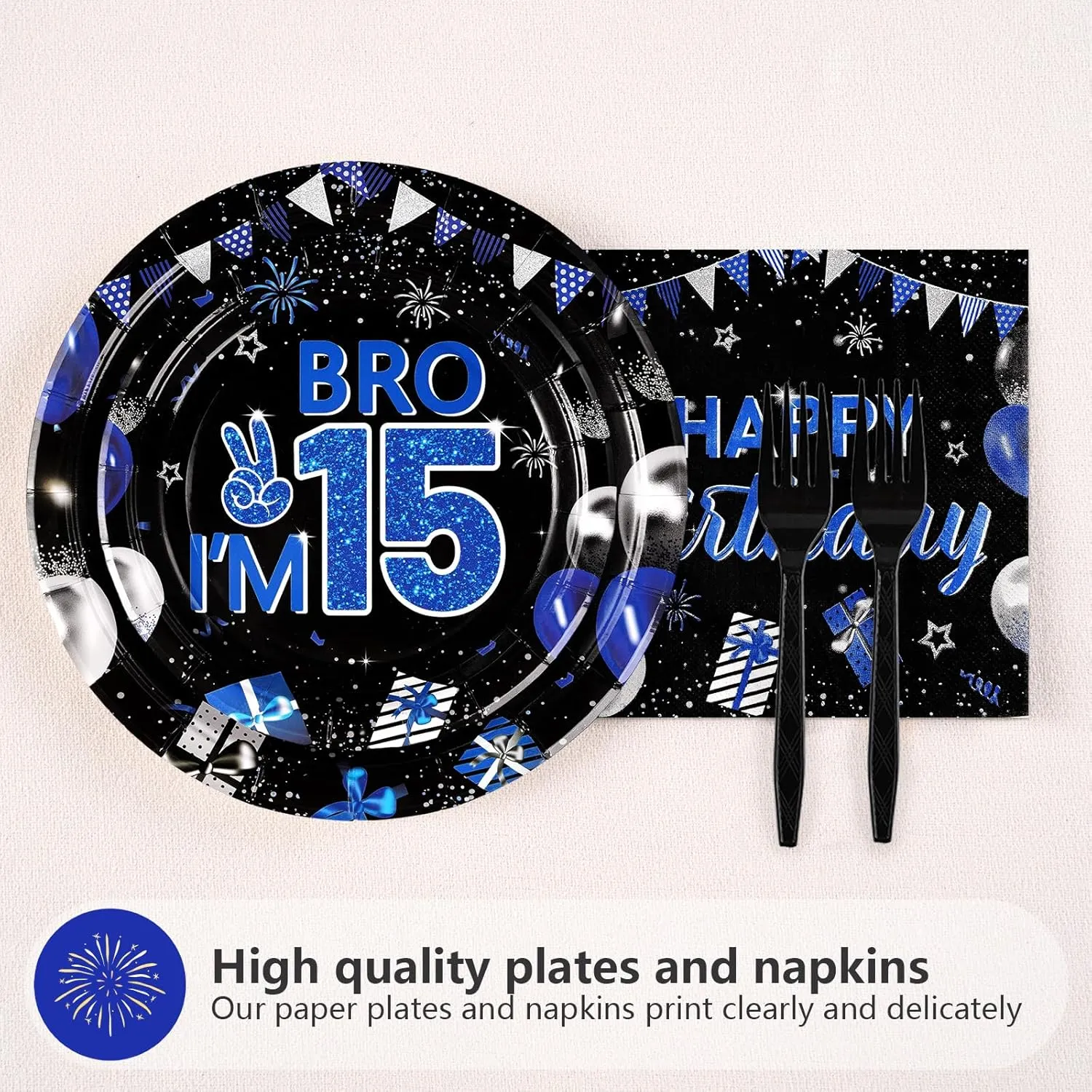 Grencian 96Pcs 15th Birthday Party Decorations for Boys Blue and Black 15th Birthday Plates Disposable Official Teen 15 Tableware for Teen Boys I’m 15 Bro 15 Years Old Party Supplies Serves 24