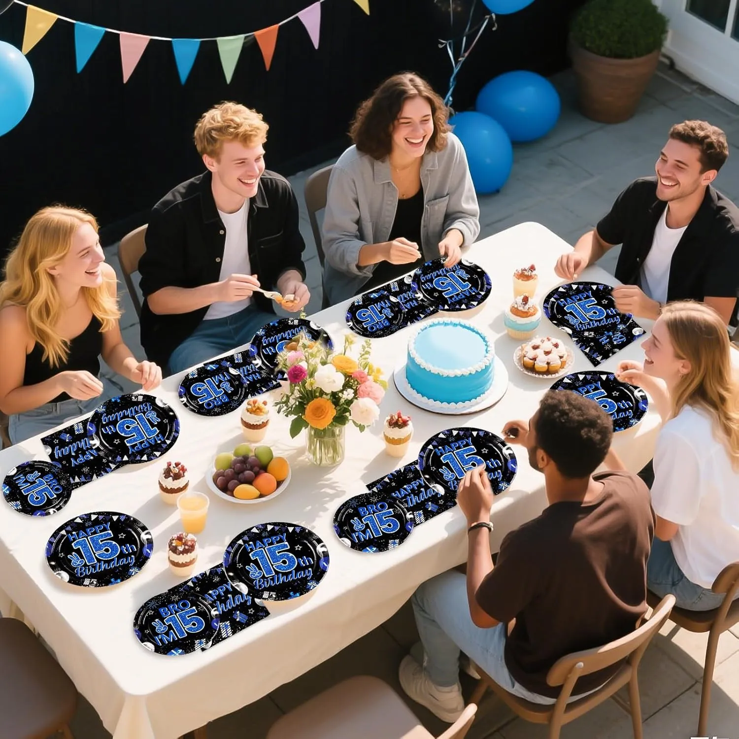 Grencian 96Pcs 15th Birthday Party Decorations for Boys Blue and Black 15th Birthday Plates Disposable Official Teen 15 Tableware for Teen Boys I’m 15 Bro 15 Years Old Party Supplies Serves 24