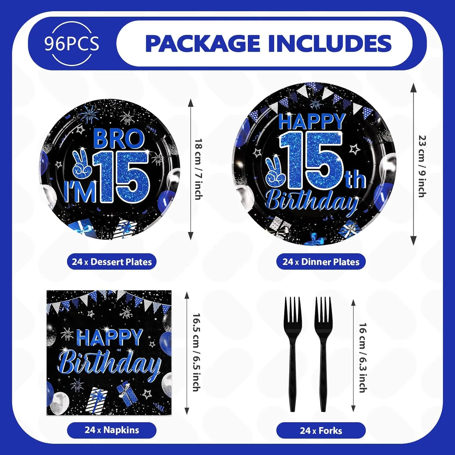 Grencian 96Pcs 15th Birthday Party Decorations for Boys Blue and Black 15th Birthday Plates Disposable Official Teen 15 Tableware for Teen Boys I’m 15 Bro 15 Years Old Party Supplies Serves 24