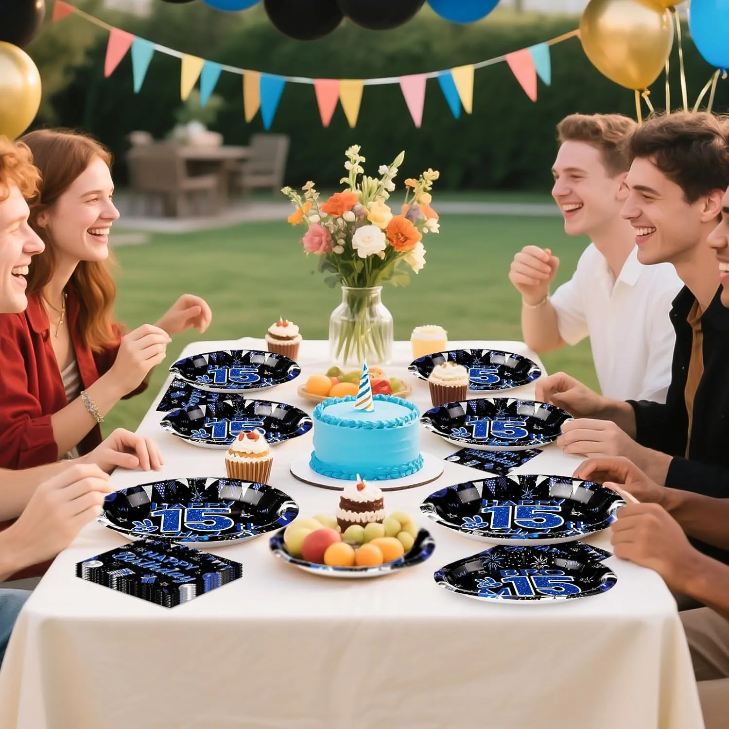 Grencian 96Pcs 15th Birthday Party Decorations for Boys Blue and Black 15th Birthday Plates Disposable Official Teen 15 Tableware for Teen Boys I’m 15 Bro 15 Years Old Party Supplies Serves 24
