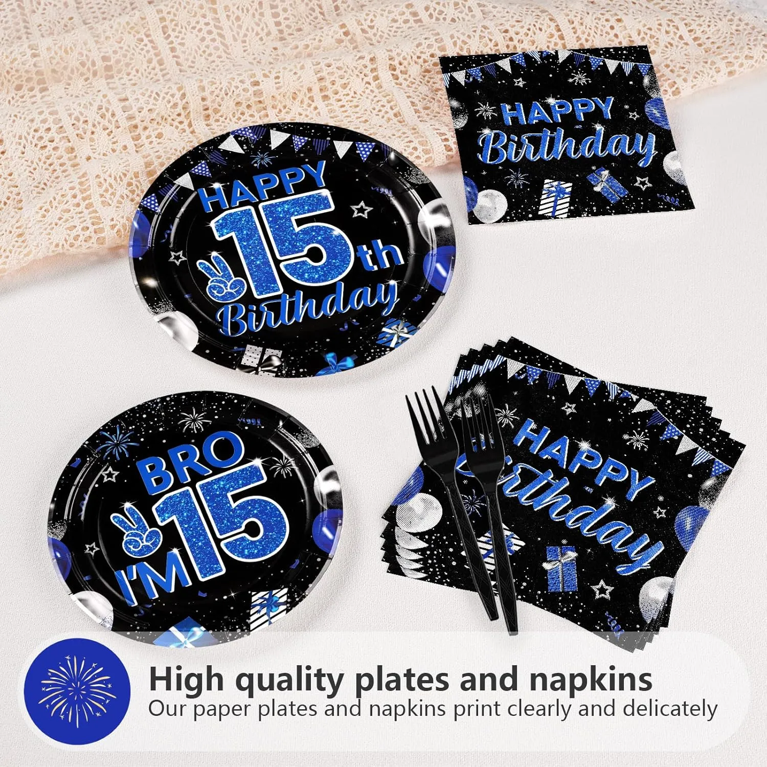 Grencian 96Pcs 15th Birthday Party Decorations for Boys Blue and Black 15th Birthday Plates Disposable Official Teen 15 Tableware for Teen Boys I’m 15 Bro 15 Years Old Party Supplies Serves 24