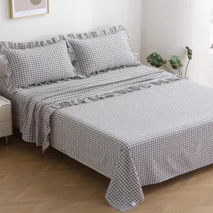 Grey White Plaid Ruffle Gingham Sheets Queen Size 4-Piece Set, 300TC 100% Yarn Dyed Cotton Sheets 18 in Deep Pocket Decorative Bedding (Grey/White Plaid, Queen)
