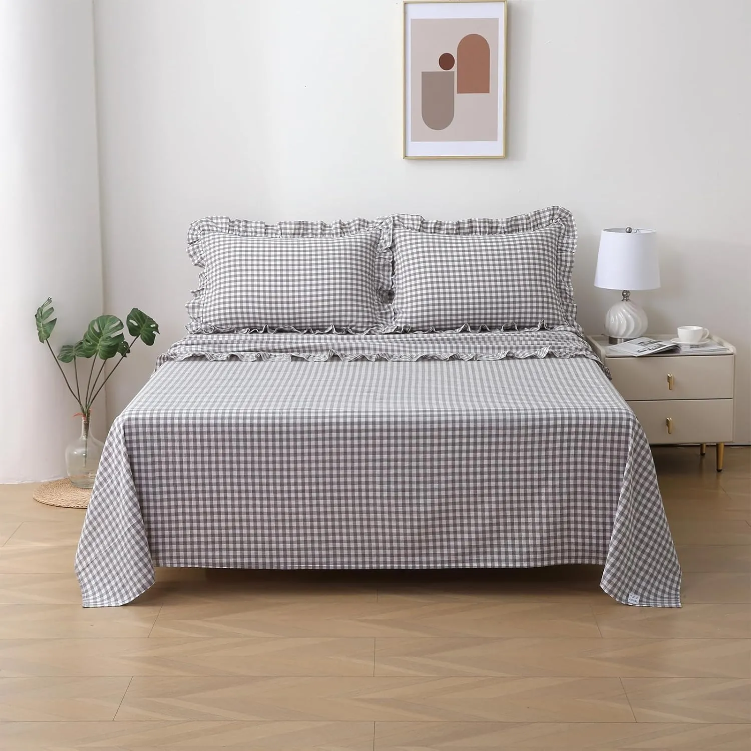 Grey White Plaid Ruffle Gingham Sheets Queen Size 4-Piece Set, 300TC 100% Yarn Dyed Cotton Sheets 18 in Deep Pocket Decorative Bedding (Grey/White Plaid, Queen)