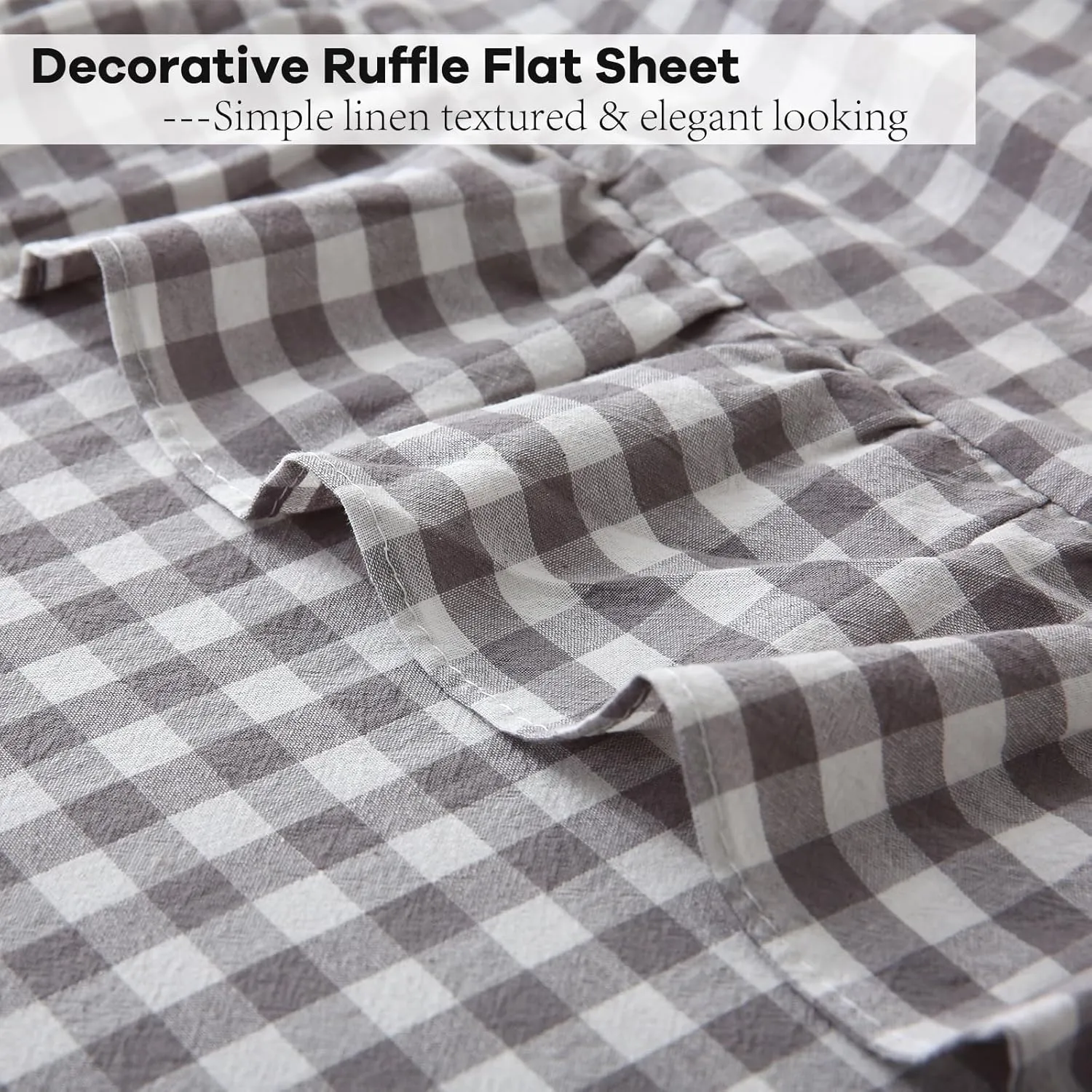 Grey White Plaid Ruffle Gingham Sheets Queen Size 4-Piece Set, 300TC 100% Yarn Dyed Cotton Sheets 18 in Deep Pocket Decorative Bedding (Grey/White Plaid, Queen)