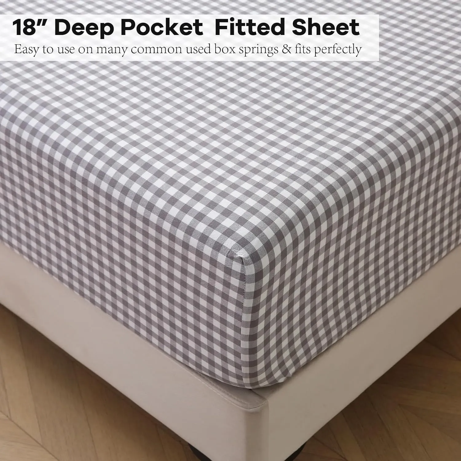 Grey White Plaid Ruffle Gingham Sheets Queen Size 4-Piece Set, 300TC 100% Yarn Dyed Cotton Sheets 18 in Deep Pocket Decorative Bedding (Grey/White Plaid, Queen)