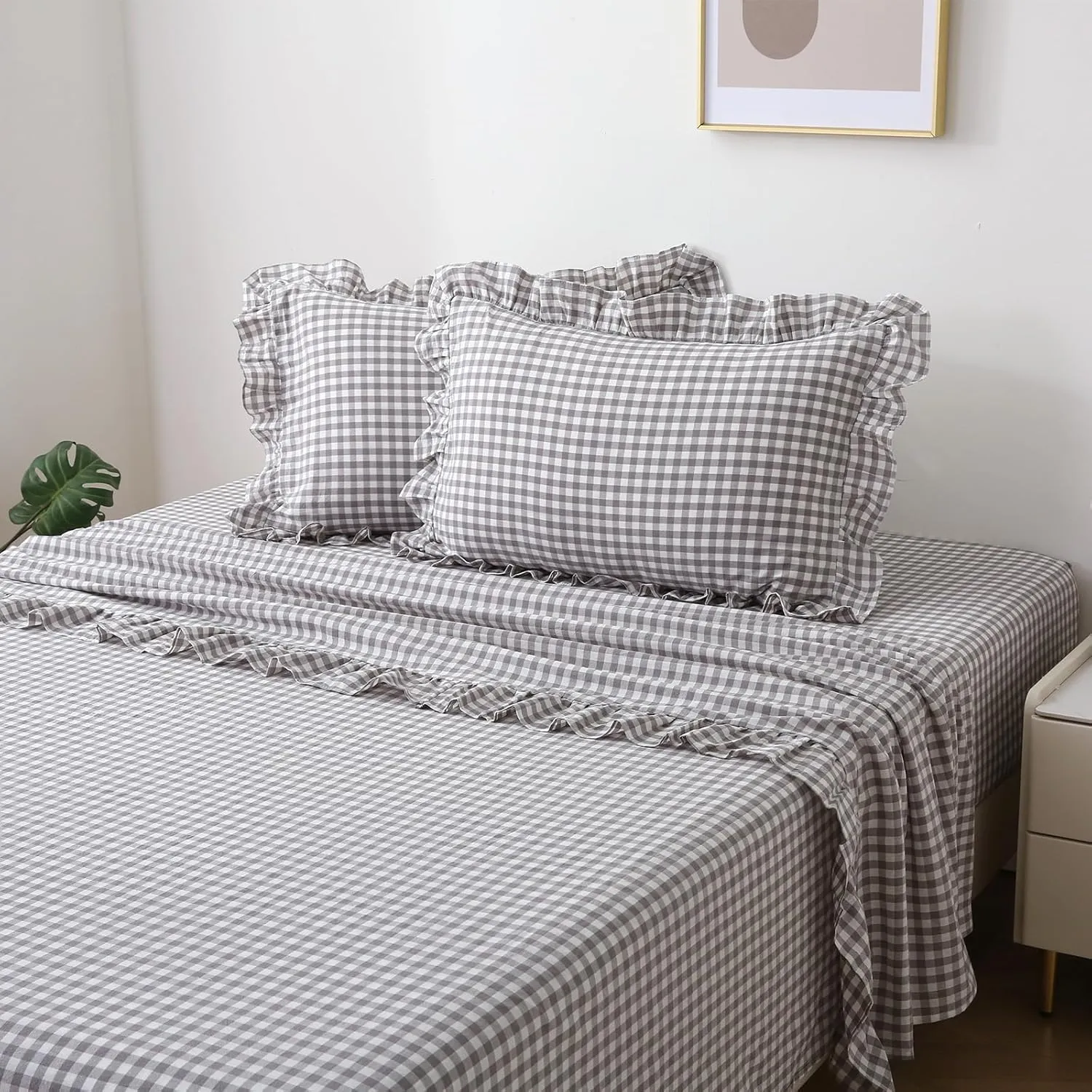 Grey White Plaid Ruffle Gingham Sheets Queen Size 4-Piece Set, 300TC 100% Yarn Dyed Cotton Sheets 18 in Deep Pocket Decorative Bedding (Grey/White Plaid, Queen)