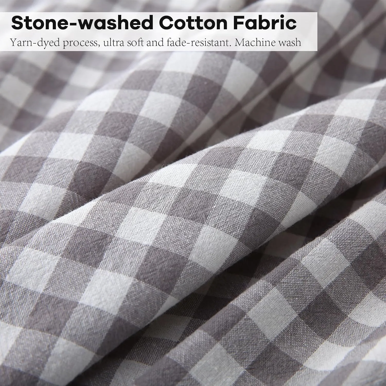 Grey White Plaid Ruffle Gingham Sheets Queen Size 4-Piece Set, 300TC 100% Yarn Dyed Cotton Sheets 18 in Deep Pocket Decorative Bedding (Grey/White Plaid, Queen)