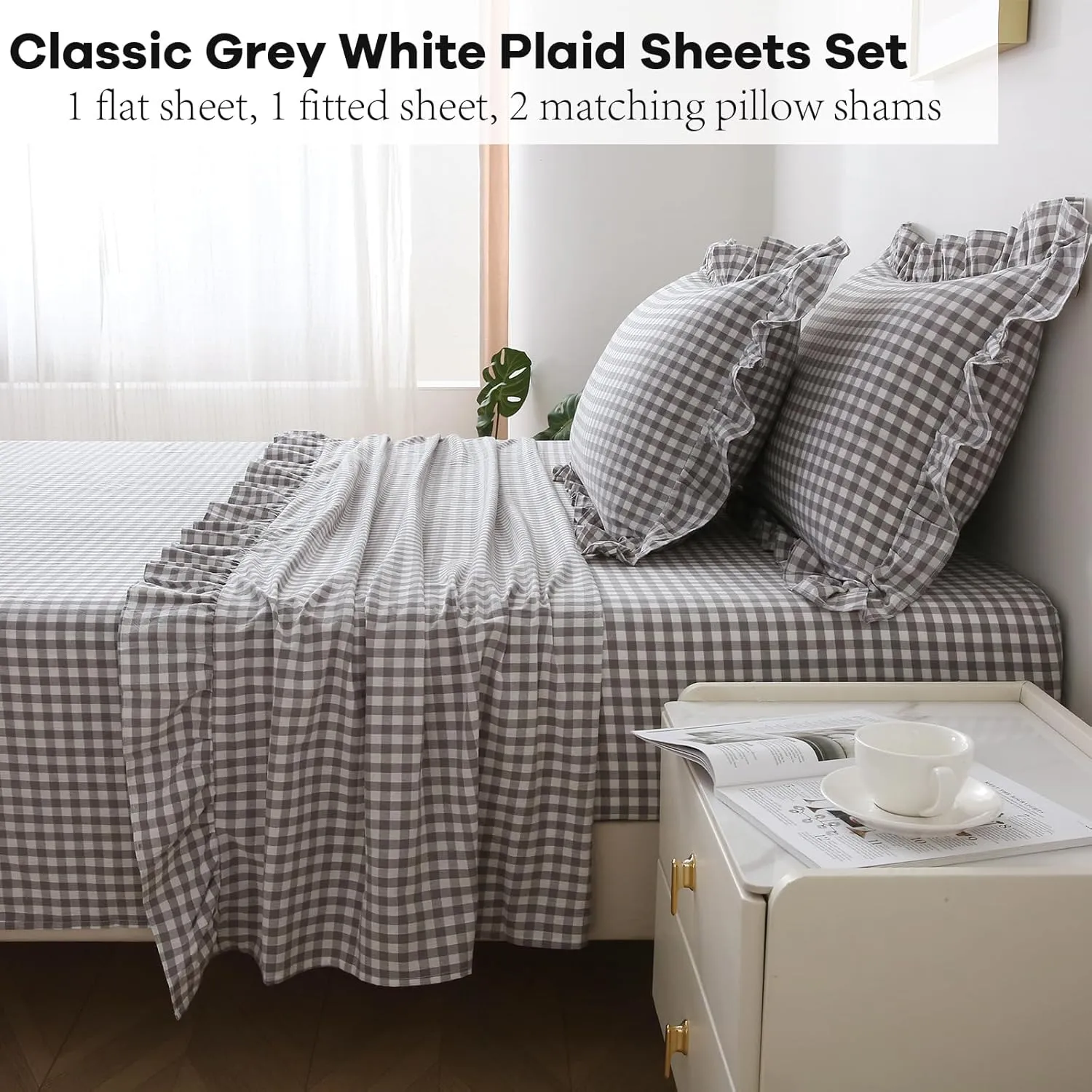 Grey White Plaid Ruffle Gingham Sheets Queen Size 4-Piece Set, 300TC 100% Yarn Dyed Cotton Sheets 18 in Deep Pocket Decorative Bedding (Grey/White Plaid, Queen)