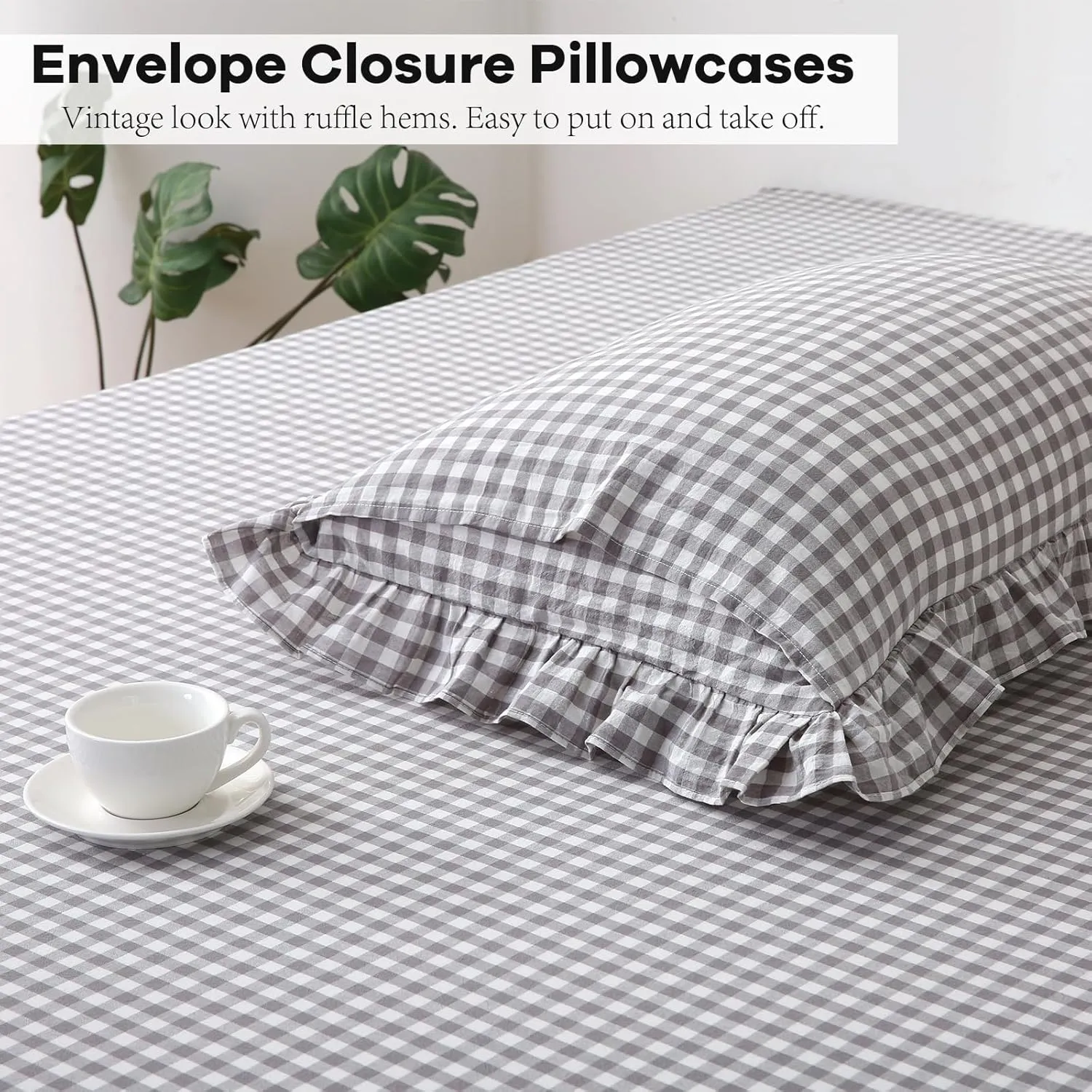 Grey White Plaid Ruffle Gingham Sheets Queen Size 4-Piece Set, 300TC 100% Yarn Dyed Cotton Sheets 18 in Deep Pocket Decorative Bedding (Grey/White Plaid, Queen)