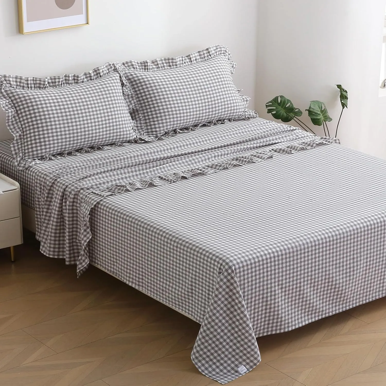 Grey White Plaid Ruffle Gingham Sheets Queen Size 4-Piece Set, 300TC 100% Yarn Dyed Cotton Sheets 18 in Deep Pocket Decorative Bedding (Grey/White Plaid, Queen)