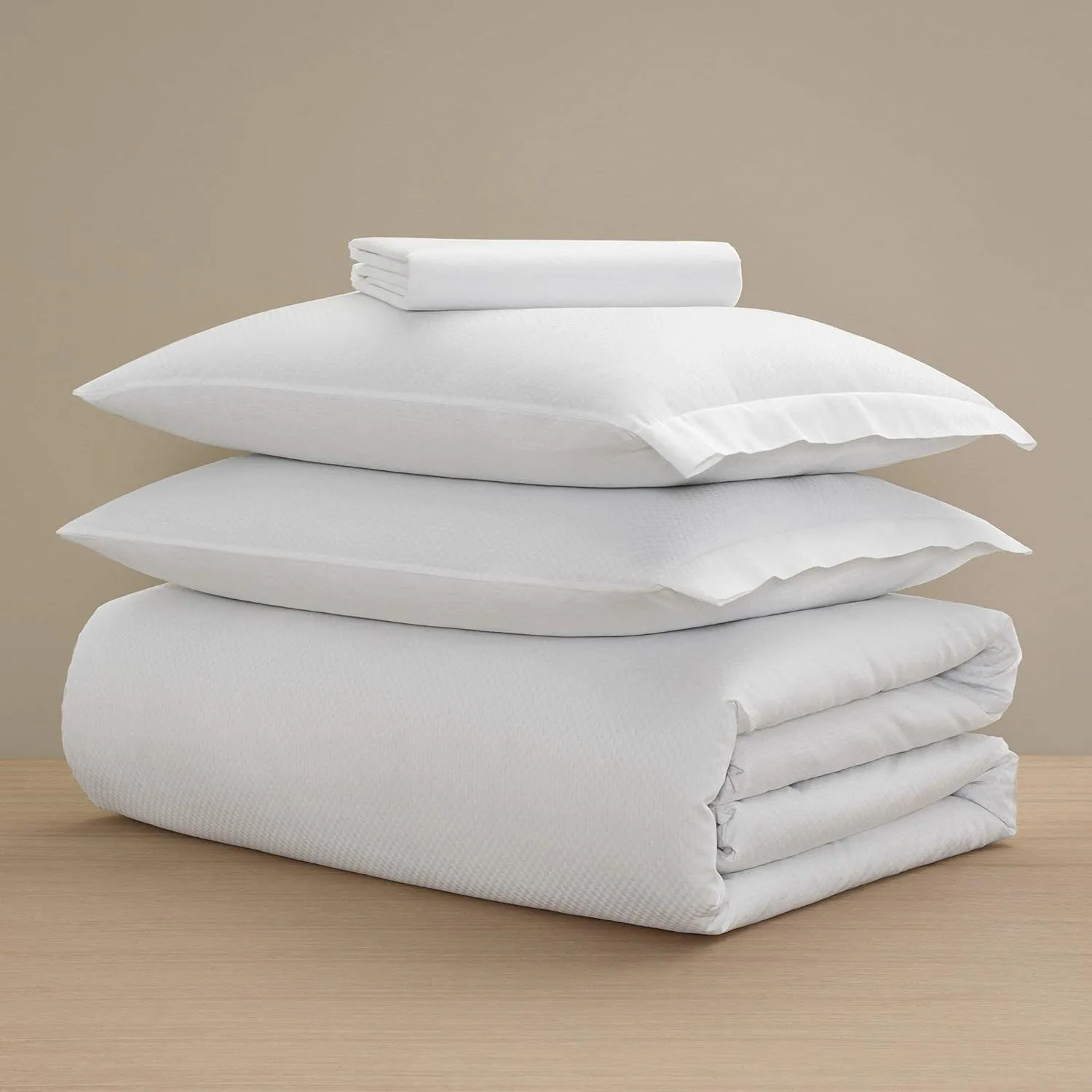 H by Frette Checkered Sateen Standard Bed Bundle (California King) - Luxury All-White Bedding Bundle/Includes Pillowcases, Fitted Sheet, and Duvet Cover
