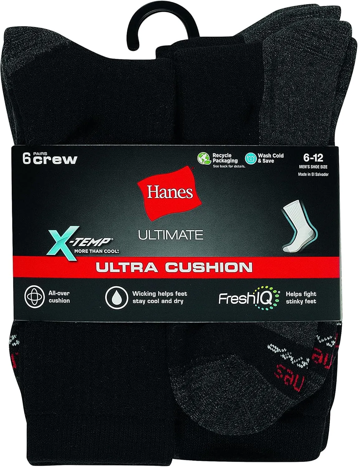 Hanes Men Ultra Cushion FreshIQ Odor Control with Wicking Crew Socks, 6-Pair Pack