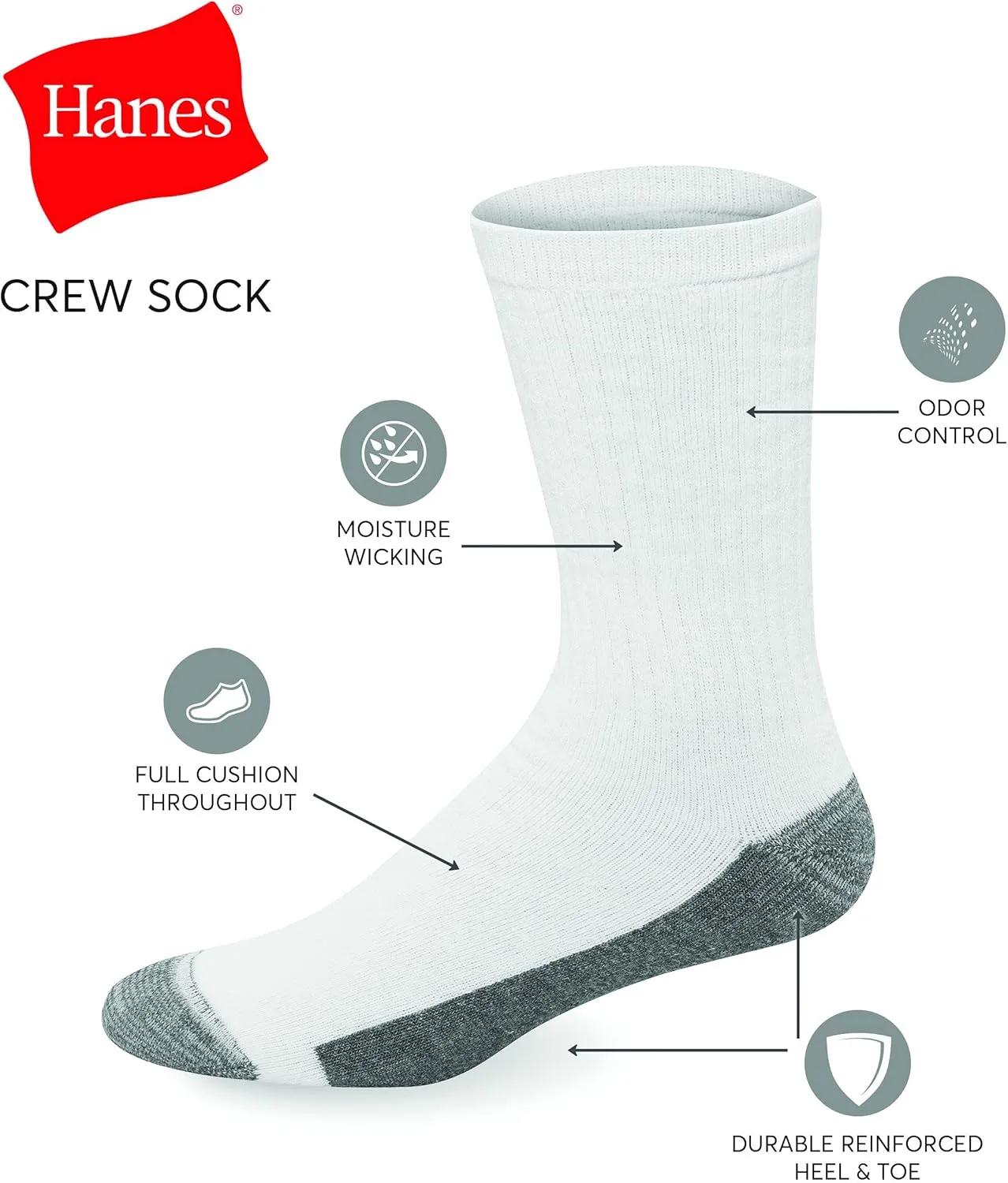 Hanes Men Ultra Cushion FreshIQ Odor Control with Wicking Crew Socks, 6-Pair Pack