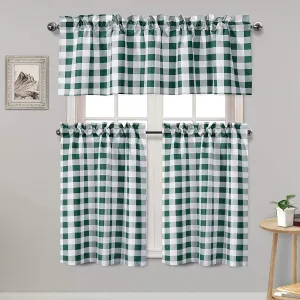 Hiasan 3 Piece Semi Sheer Kitchen Curtains Light Filtering Buffalo Checkered Tier and Valance Window Curtains Set, Forest Green, 60 W x 18 L (1 Panel)   29 W x 36 L (2 Panels)
