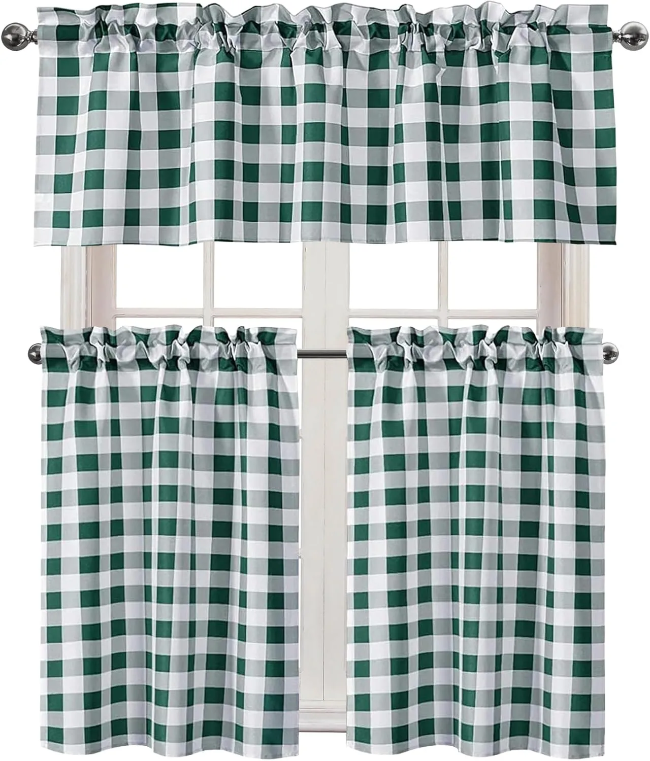 Hiasan 3 Piece Semi Sheer Kitchen Curtains Light Filtering Buffalo Checkered Tier and Valance Window Curtains Set, Forest Green, 60 W x 18 L (1 Panel)   29 W x 36 L (2 Panels)