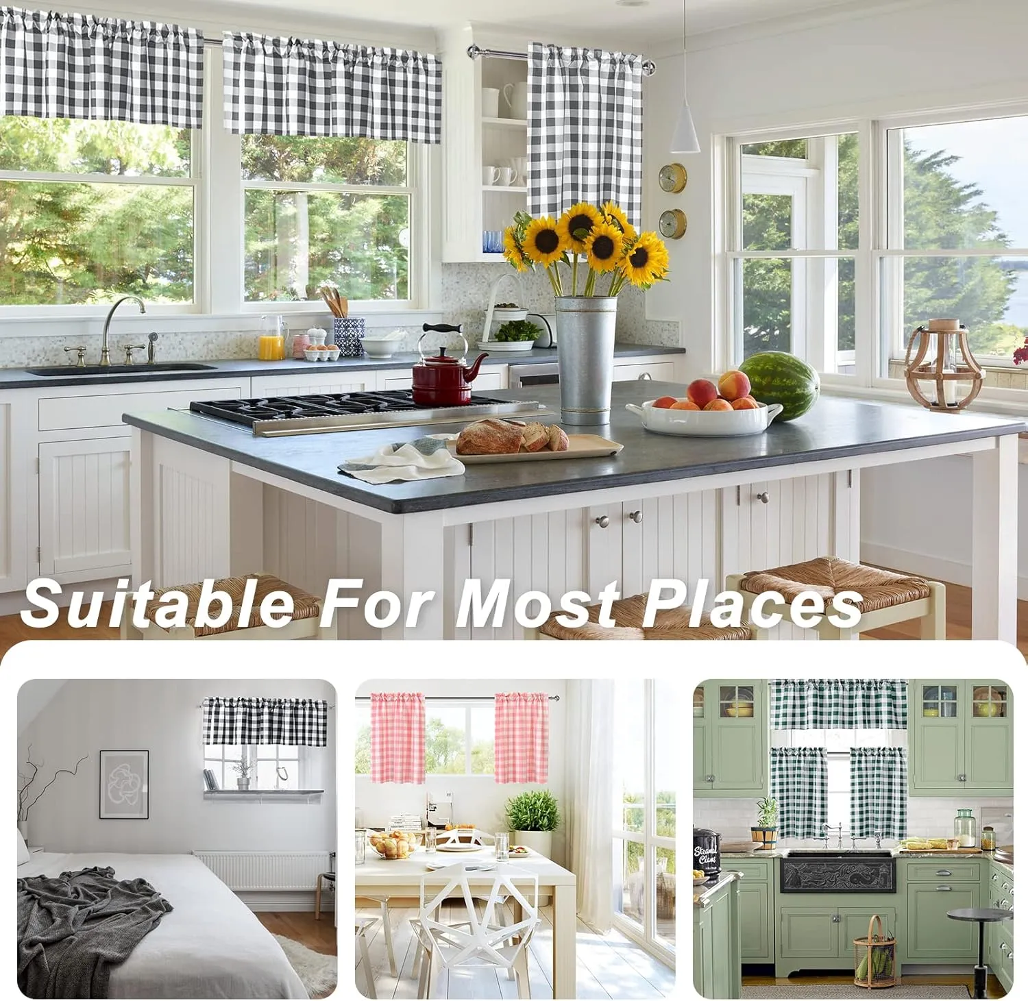 Hiasan 3 Piece Semi Sheer Kitchen Curtains Light Filtering Buffalo Checkered Tier and Valance Window Curtains Set, Forest Green, 60 W x 18 L (1 Panel)   29 W x 36 L (2 Panels)