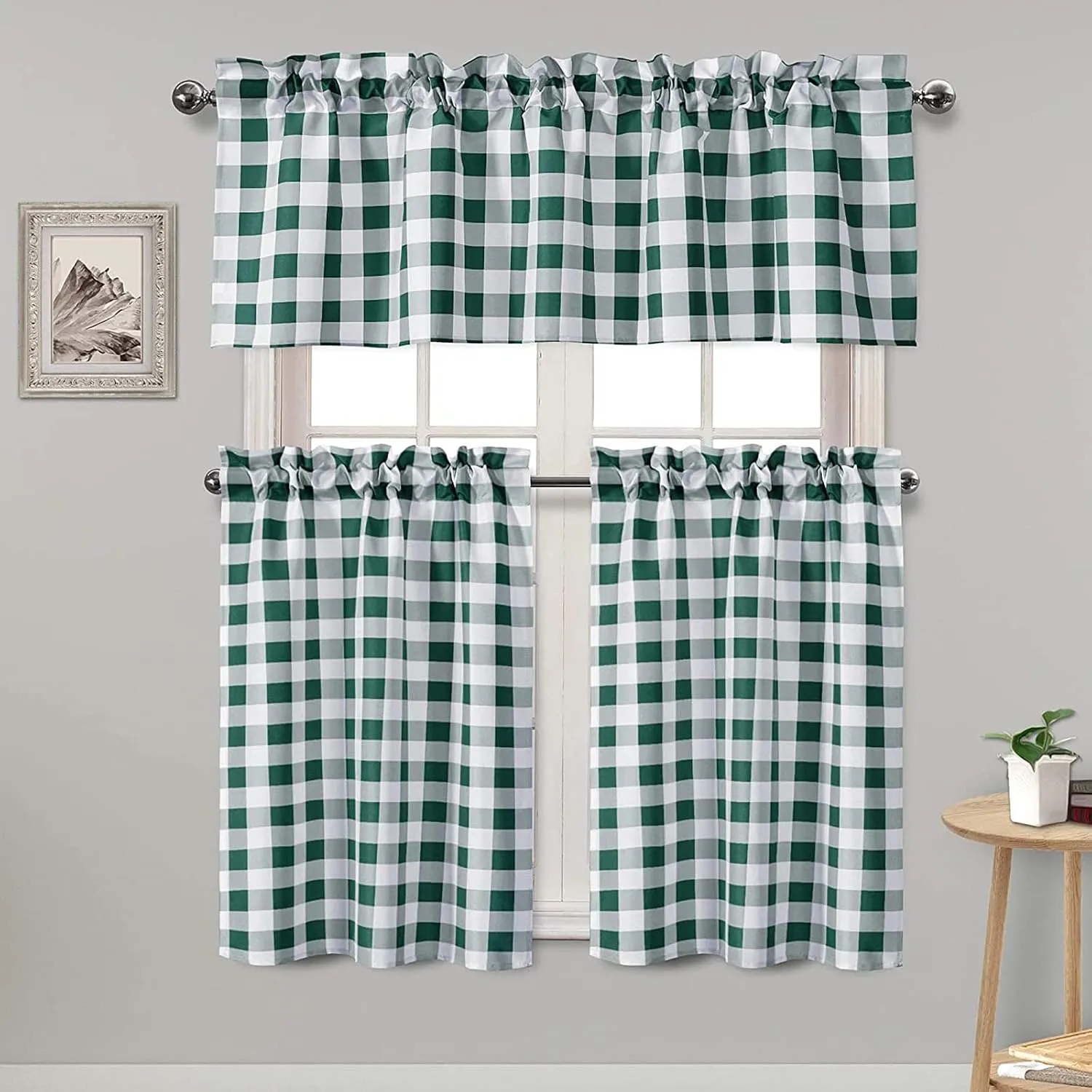 Hiasan 3 Piece Semi Sheer Kitchen Curtains Light Filtering Buffalo Checkered Tier and Valance Window Curtains Set, Forest Green, 60 W x 18 L (1 Panel)   29 W x 36 L (2 Panels)
