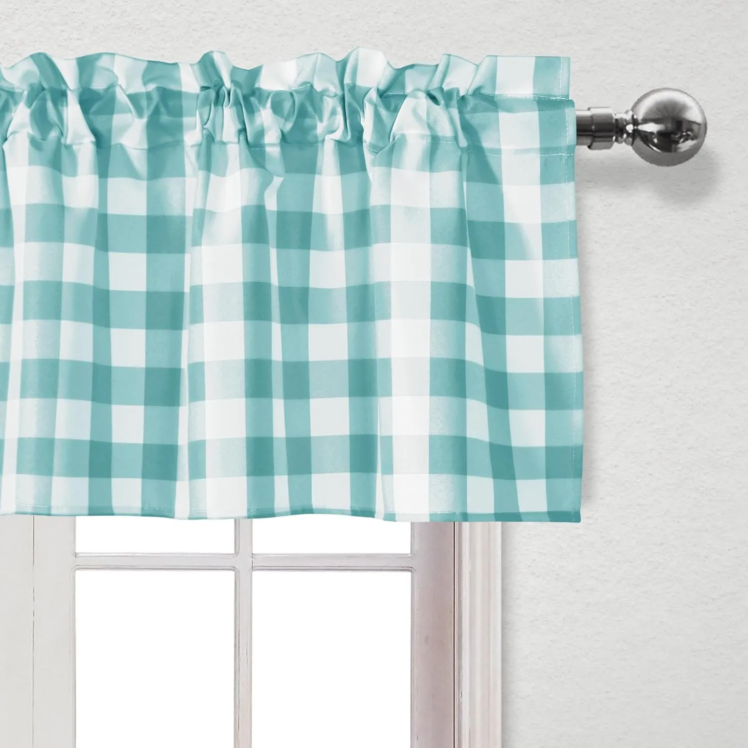 Hiasan Aqua Semi Sheer Kitchen Curtains Privacy Protection and Light Reducing Checkered Tier and Valance Window Curtains, Set of 3 Pieces, 60 W x 18 L (1 Panel)   29 W x 36 L (2 Panels)