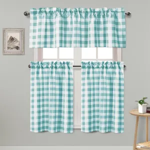 Hiasan Aqua Semi Sheer Kitchen Curtains Privacy Protection and Light Reducing Checkered Tier and Valance Window Curtains, Set of 3 Pieces, 60 W x 18 L (1 Panel)   29 W x 36 L (2 Panels)