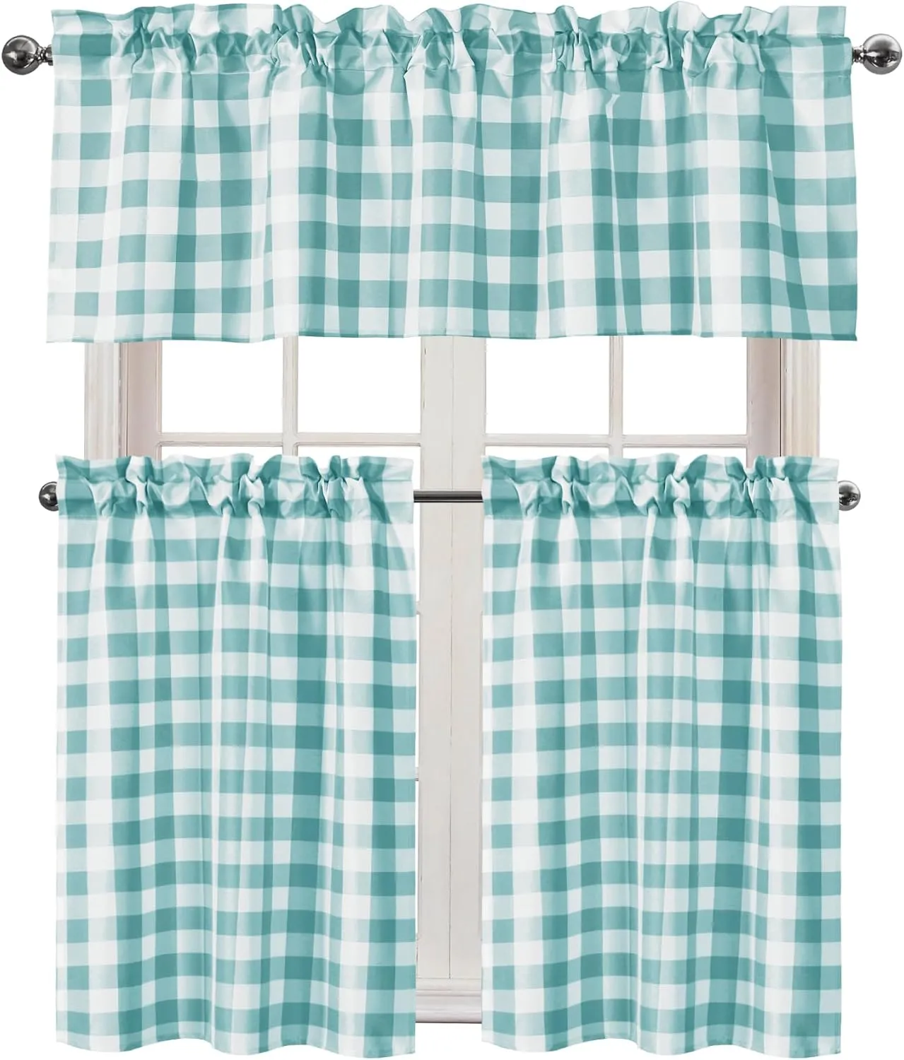 Hiasan Aqua Semi Sheer Kitchen Curtains Privacy Protection and Light Reducing Checkered Tier and Valance Window Curtains, Set of 3 Pieces, 60 W x 18 L (1 Panel)   29 W x 36 L (2 Panels)