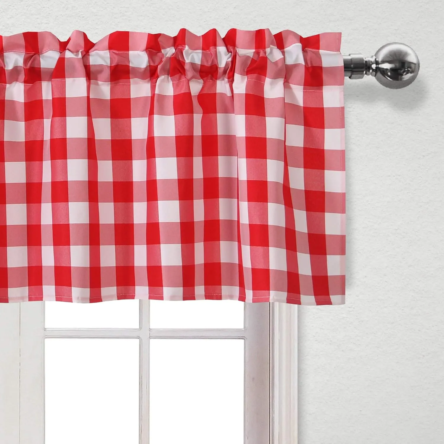 Hiasan Semi Sheer Tier and Valance Curtains Set Light Filtering Buffalo Checkered Kitchen Curtains, Red, Set of 3 Pieces, 60 W x 18 L (1 Panel)   29 W x 36 L (2 Panels)