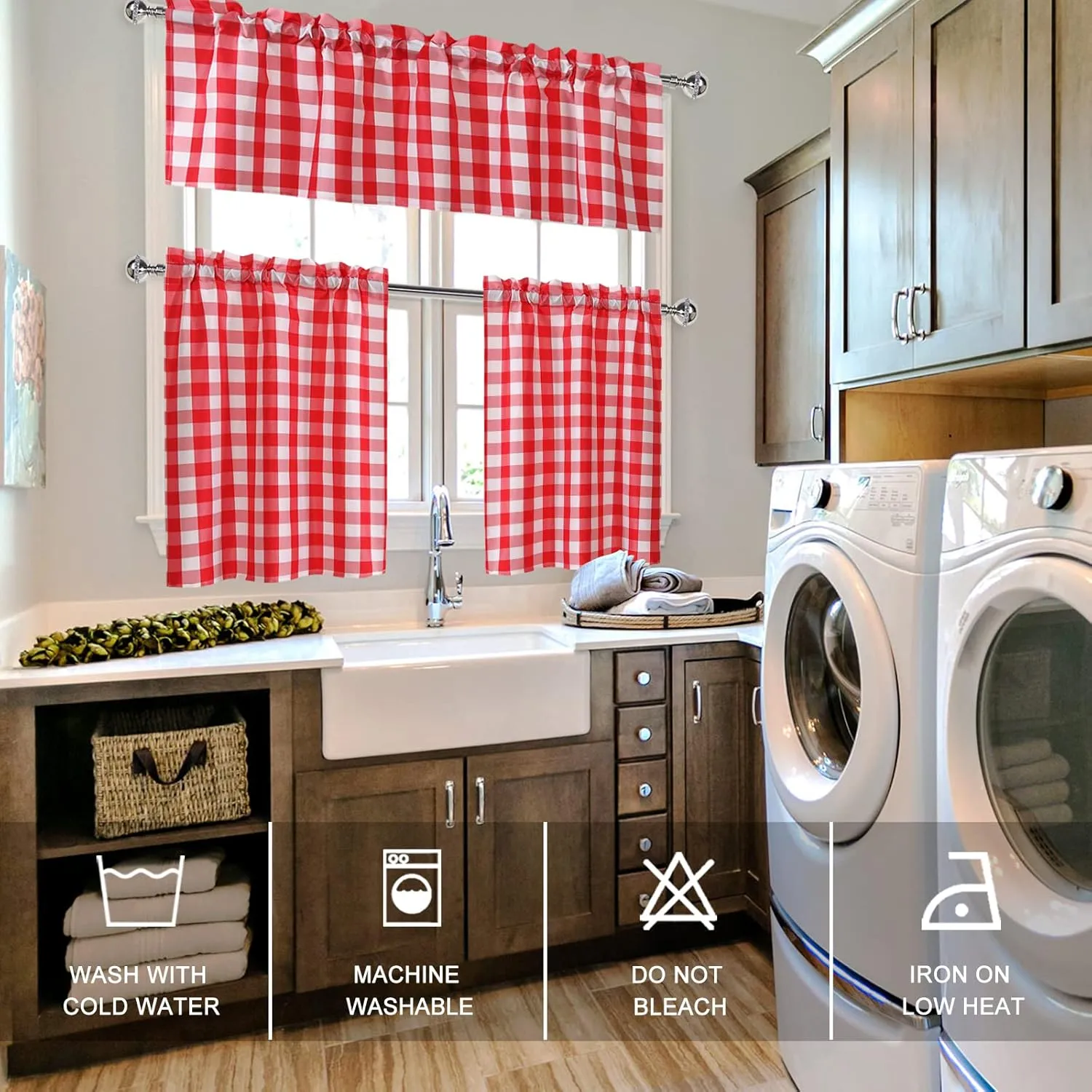 Hiasan Semi Sheer Tier and Valance Curtains Set Light Filtering Buffalo Checkered Kitchen Curtains, Red, Set of 3 Pieces, 60 W x 18 L (1 Panel)   29 W x 36 L (2 Panels)
