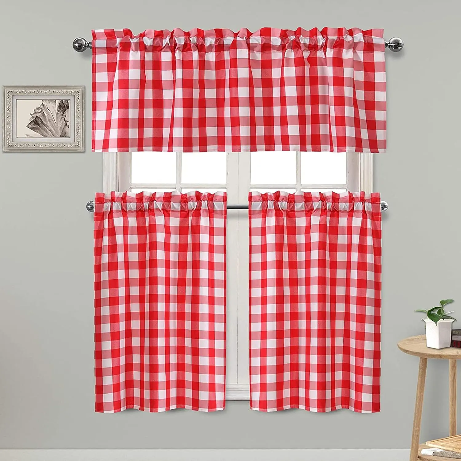 Hiasan Semi Sheer Tier and Valance Curtains Set Light Filtering Buffalo Checkered Kitchen Curtains, Red, Set of 3 Pieces, 60 W x 18 L (1 Panel)   29 W x 36 L (2 Panels)