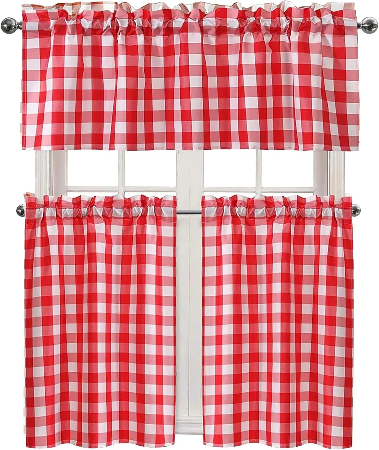 Hiasan Semi Sheer Tier and Valance Curtains Set Light Filtering Buffalo Checkered Kitchen Curtains, Red, Set of 3 Pieces, 60 W x 18 L (1 Panel)   29 W x 36 L (2 Panels)