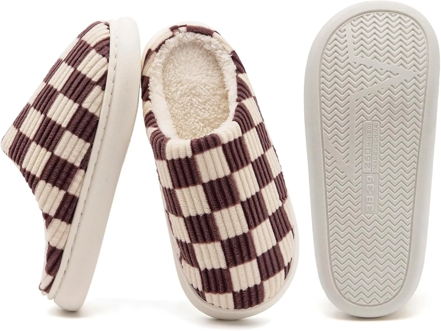 House Slippers for Woman Men, Womens Slippers on Fuzzy House Shoes Memory Foam Checkered Scuff Outdoor Indoor Warm Plush Bedroom Shoes with Faux Fur Lining Size