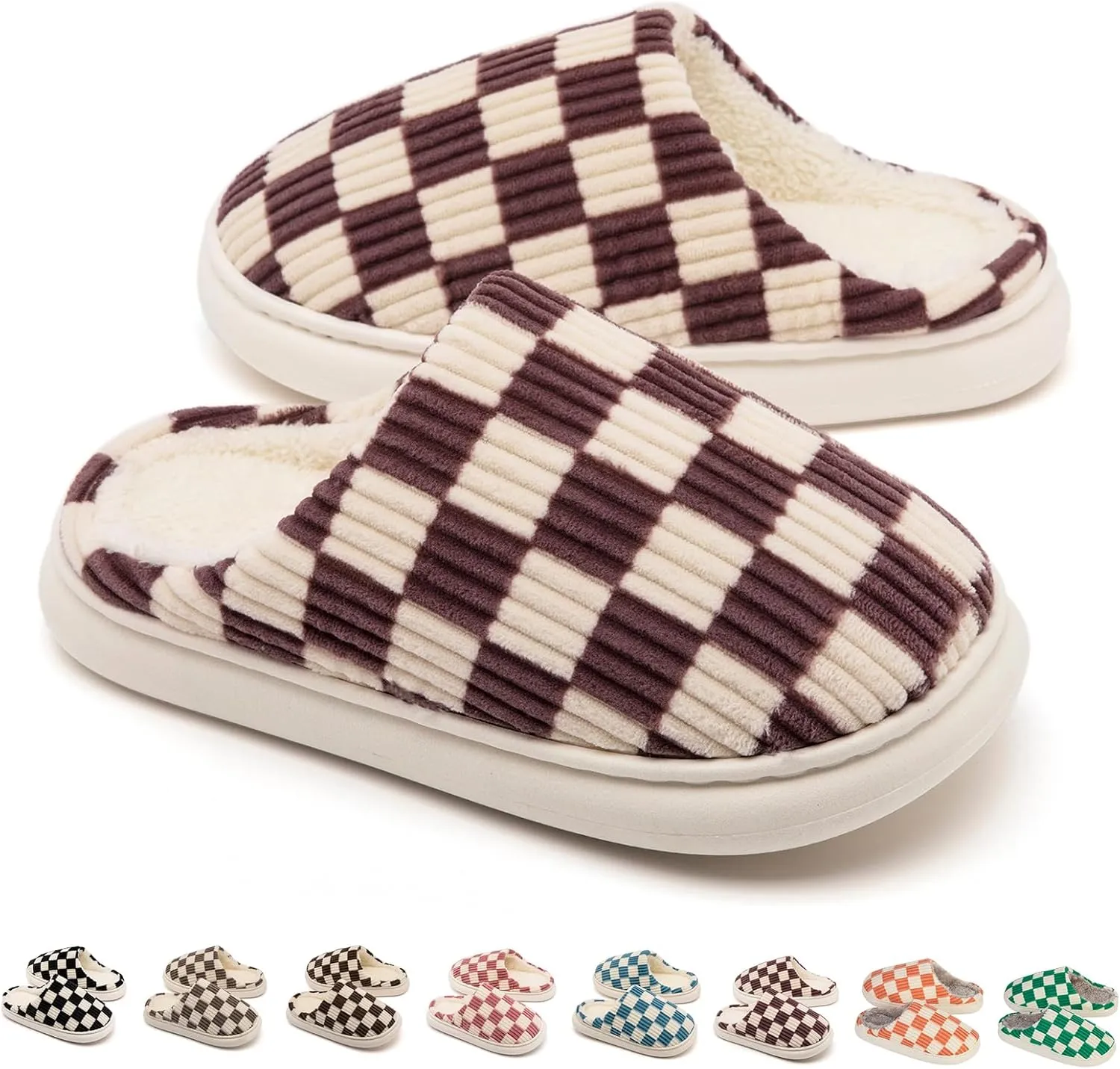 House Slippers for Woman Men, Womens Slippers on Fuzzy House Shoes Memory Foam Checkered Scuff Outdoor Indoor Warm Plush Bedroom Shoes with Faux Fur Lining Size